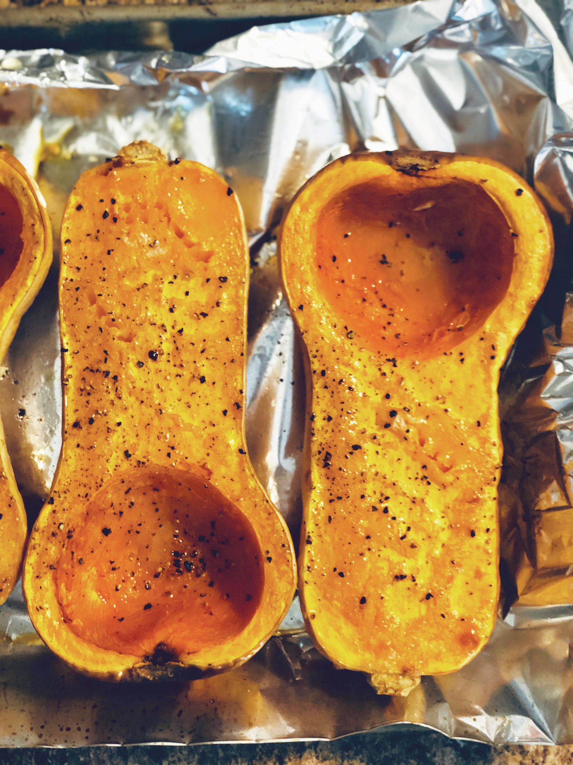 Victoria Petersen                                Butternut squash is cut in half, drizzled with olive oil, seasoned with salt and pepper and roasted in a hot oven til it’s soft.