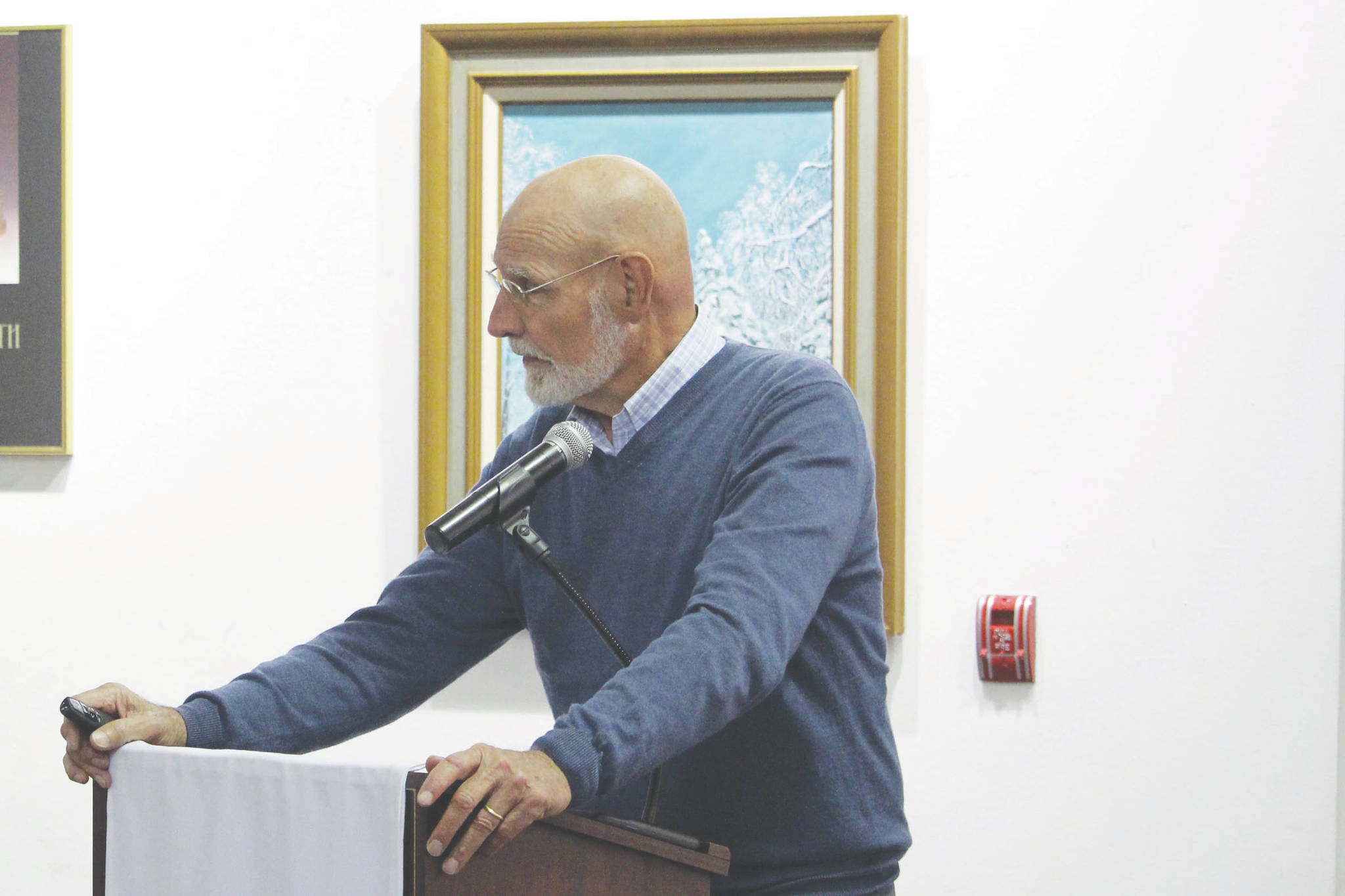 Brian Mazurek / Peninsula Clarion                                 Mark Hamilton, vice president of external affairs for the Pebble Limited Partnership, speaks to members of the Kenai and Soldotna Chambers of Commerce about the future of the Pebble Mine Project at the Kenai Visitor and Cultural Center on Wednesday.