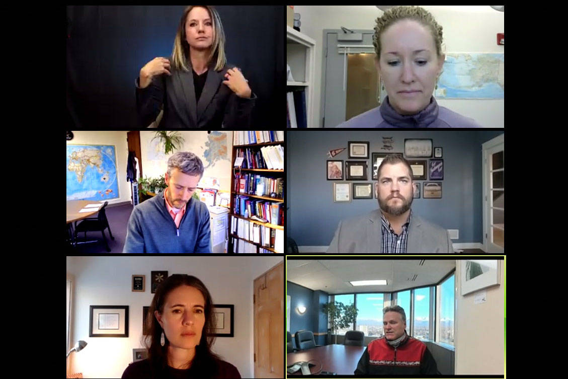 Gov. Mike Dunleavy, bottom right, participates in a press conference via Zoom videoconferencing along with members of his public health team on Wednesday, Oct. 21, 2020. Top left: Jamie Hartung, interpreter; top right: Heidi Hedburg, director of Public Health; center left: Dr. Joe McLaughlin, chief of the Alaska Section of Epidemiology at the Alaska Department of Health and Social Services; center right: Adam Crum, commissioner of the Alaska Department of Health and Social Services; bottom left: Dr. Anne Zink, chief medical officer; bottom right: Gov. Mike Dunleavy. (Screenshot by Brian Mazurek/Peninsula Clarion)