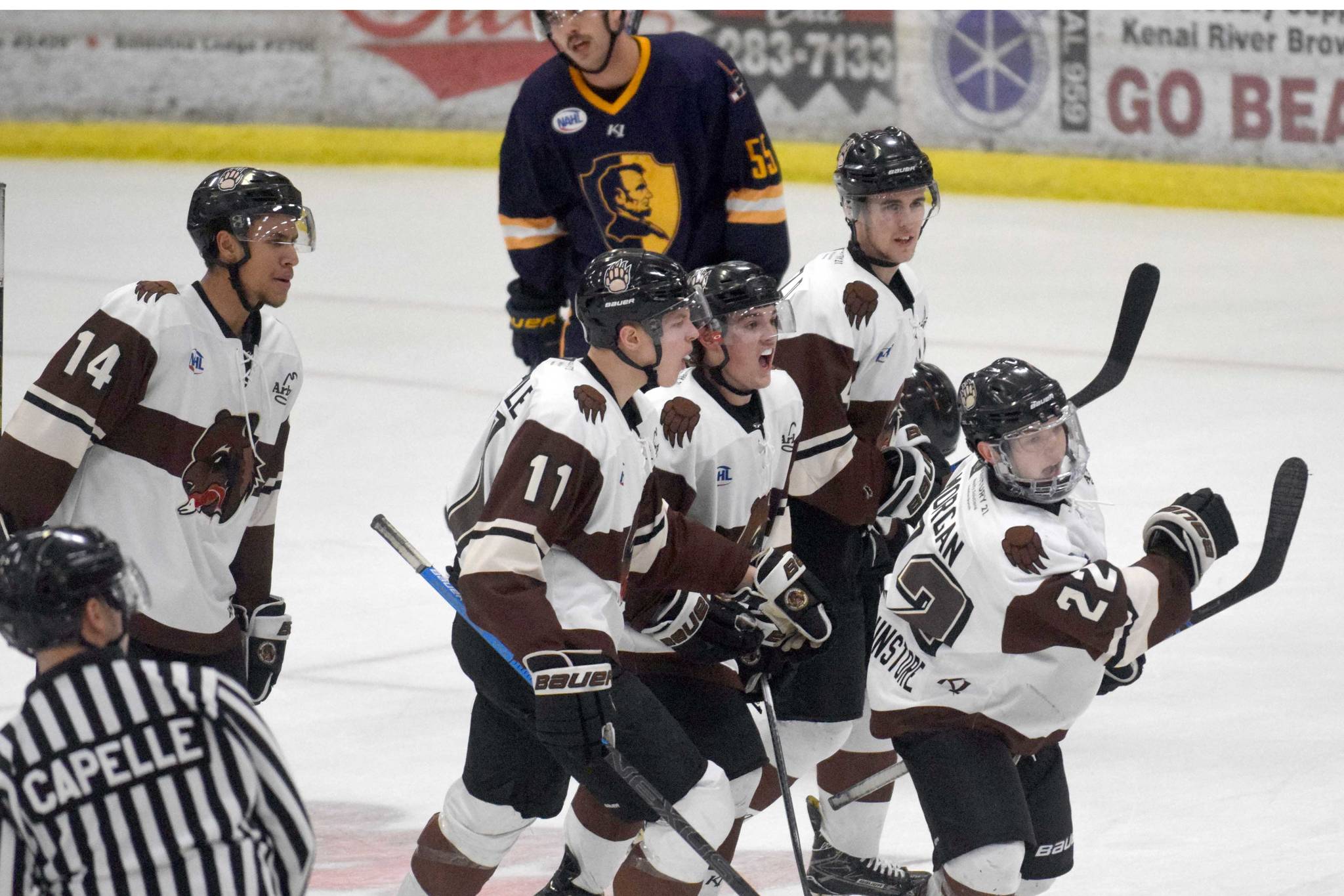 Peter Morgan of the Kenai River Brown Bears celebrates his goal with teammates Ryan Reid, Porter Schachle, Cody Moline and Dylan Hadfield on Friday, Nov. 15, 2019, against the Springfield (Illinois) Jr. Blues at the Soldotna Regional Sports Complex in Soldotna, Alaska. (Photo by Jeff Helminiak/Peninsula Clarion)