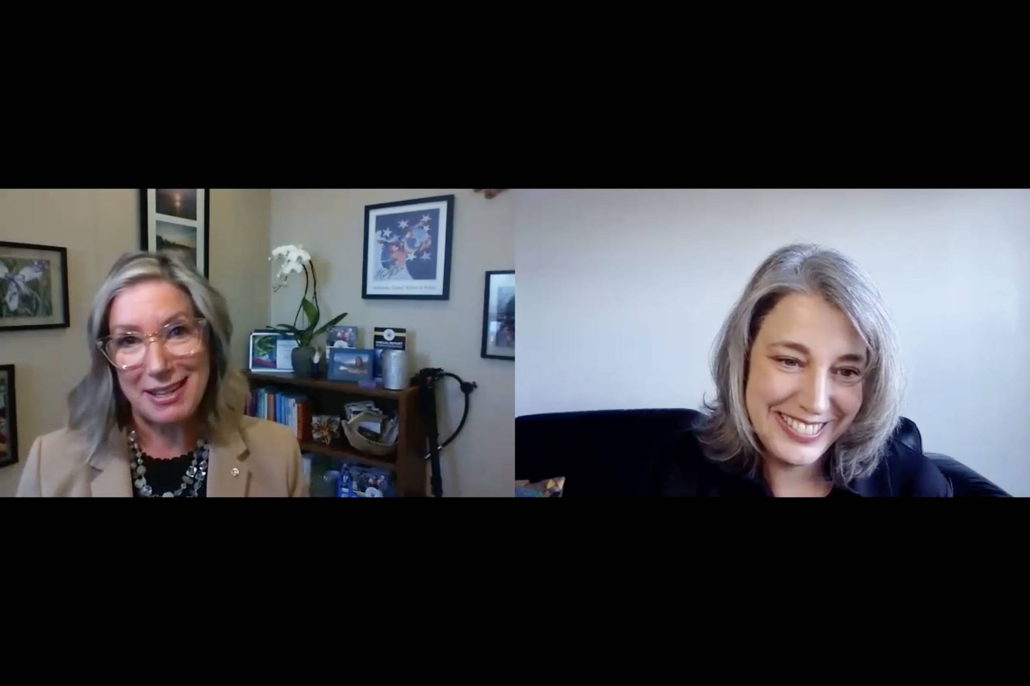 Pegge Erkeneff (left) virtually interviews Dr. Janelle Vanasse (right) on Monday, Jan. 25, 2021. (screenshot)