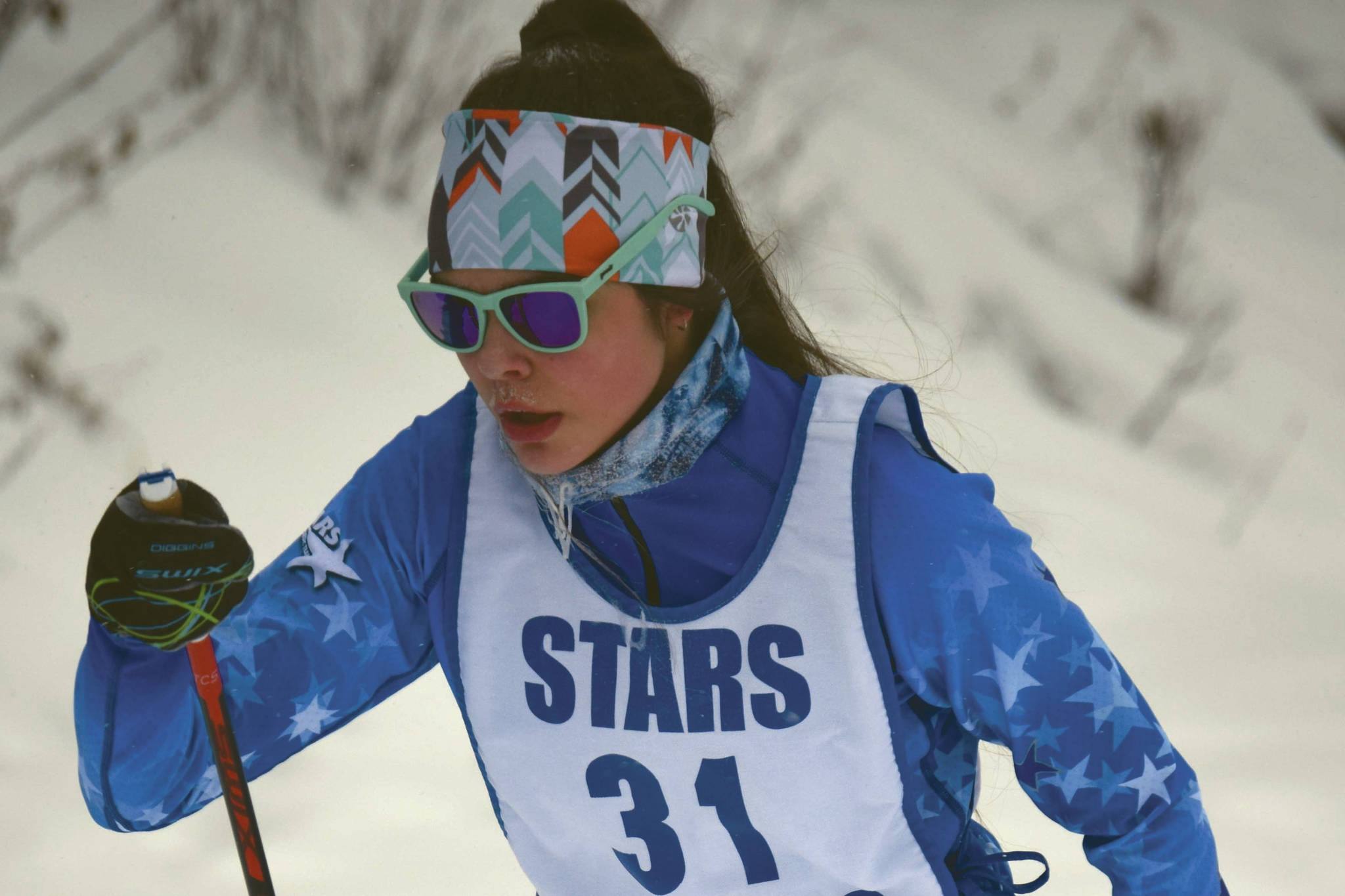 Soldotna's Erika Arthur skis to victory Saturday, Feb. 20, 2021, at the second day of Kenai Peninsula Borough ski meet at Tsalteshi Trails just outside of Soldotna, Alaska. (Photo by Jeff Helminiak/Peninsula Clarion)