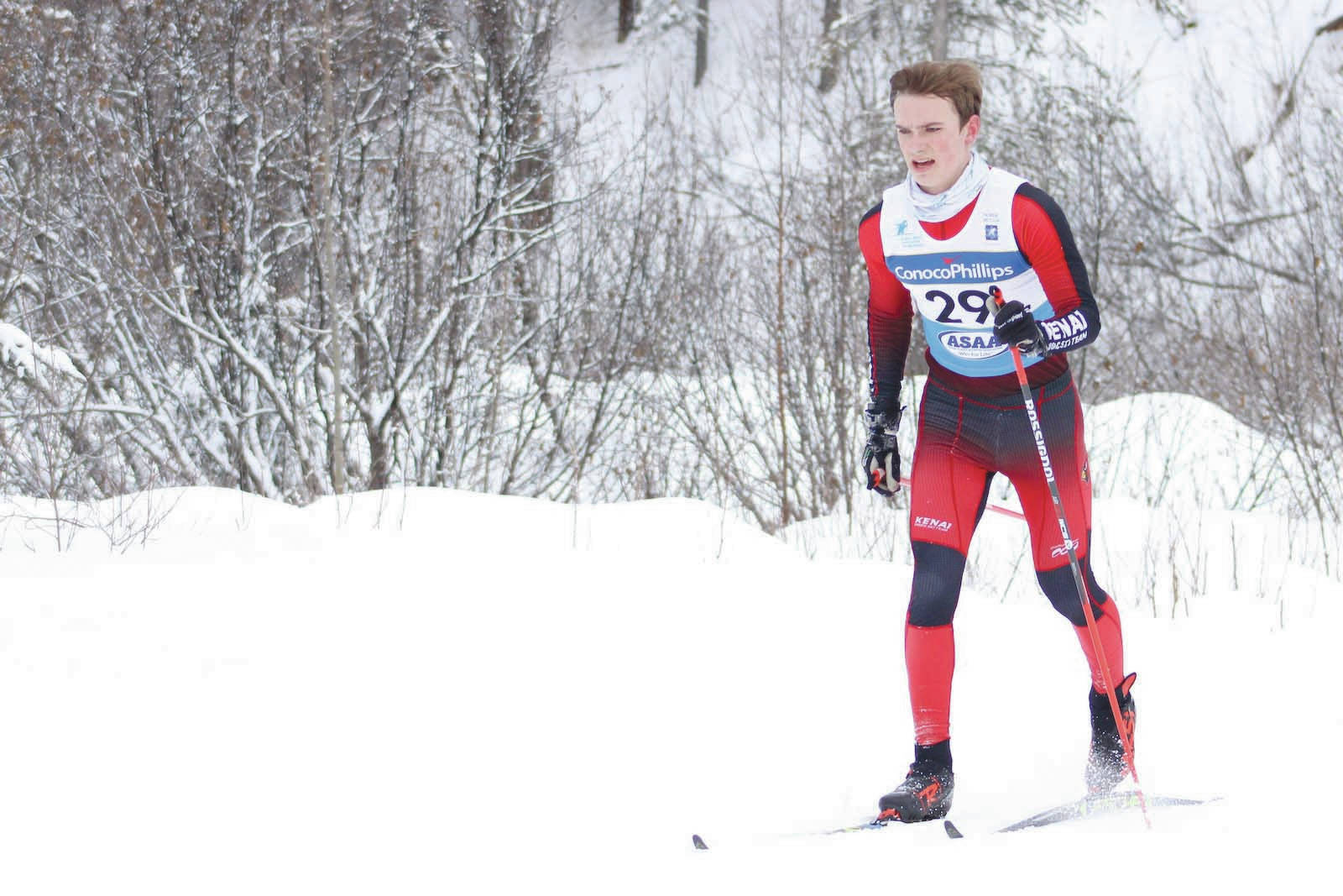 Kenai Central's Tyler Hippchen competes at the state Nordic ski meet Thursday, Feb. 25, 2021, at Government Peak Recreation Area just north of Palmer, Alaska. (Photo by Tim Rockey/Frontiersman)