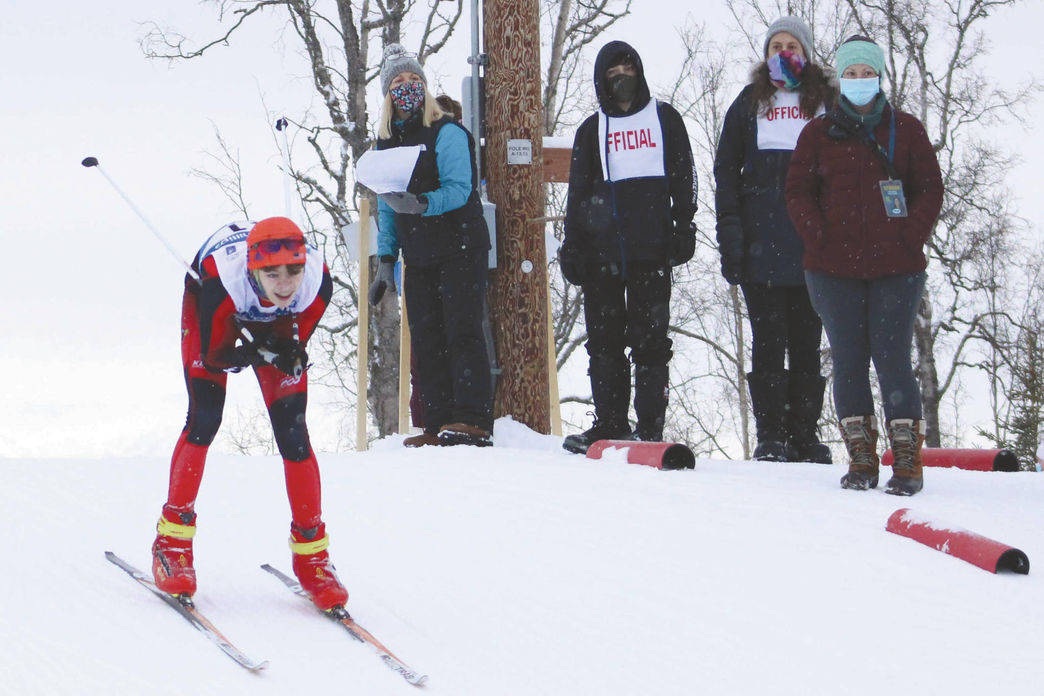 Kenai Central's Gregory Fallon skis down a hill in the 10-kilometer freestyle Friday, Feb. 26, 2021, at the state Nordic ski meet at Government Peak Recreation Area just north of Palmer, Alaska. (Photo by Tim Rockey/Frontiersman)