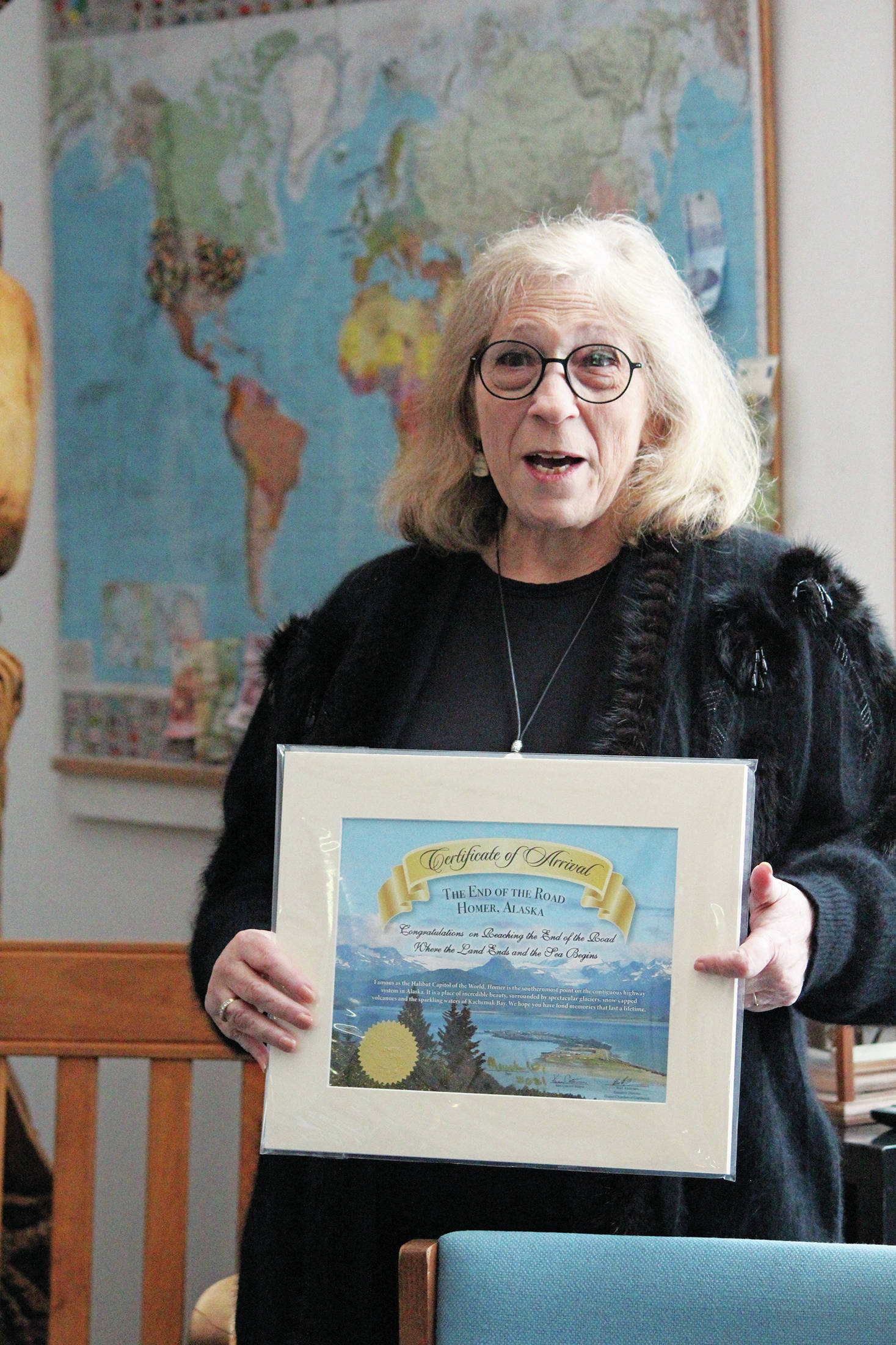 Local senior advocate Nona Safra speaks at a ceremony honoring her work on Wednesday, March 10, 2021 at the Homer Chamber of Commerce & Visitor Center in Homer, Alaska. (Photo by Megan Pacer/Homer News)