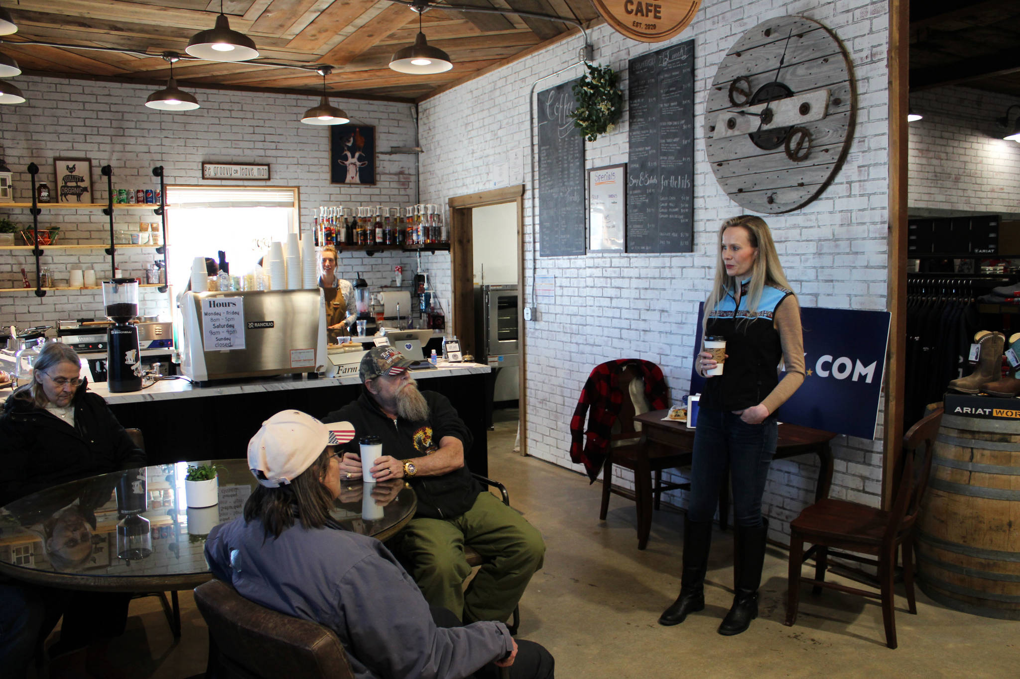 Kelly Tshibaka addresses members of the community at Nikiski Hardware & Supply on Friday, April 9, 2021 in Nikiski, Alaska. (Ashlyn O’Hara/Peninsula Clarion)