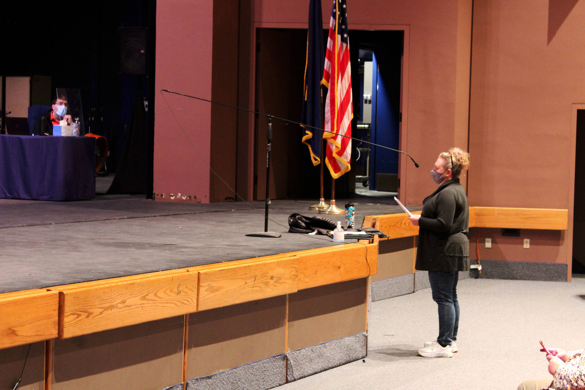 Rhonda Baisden testifies before the Kenai Peninsula Borough School District Board of Education on March 1, 2021 in Kenai, Alaska. Baisden has been a vocal critic of COVID-19 mitigation policies implemented by the school district. (Ashlyn O’Hara/Peninsula Clarion)