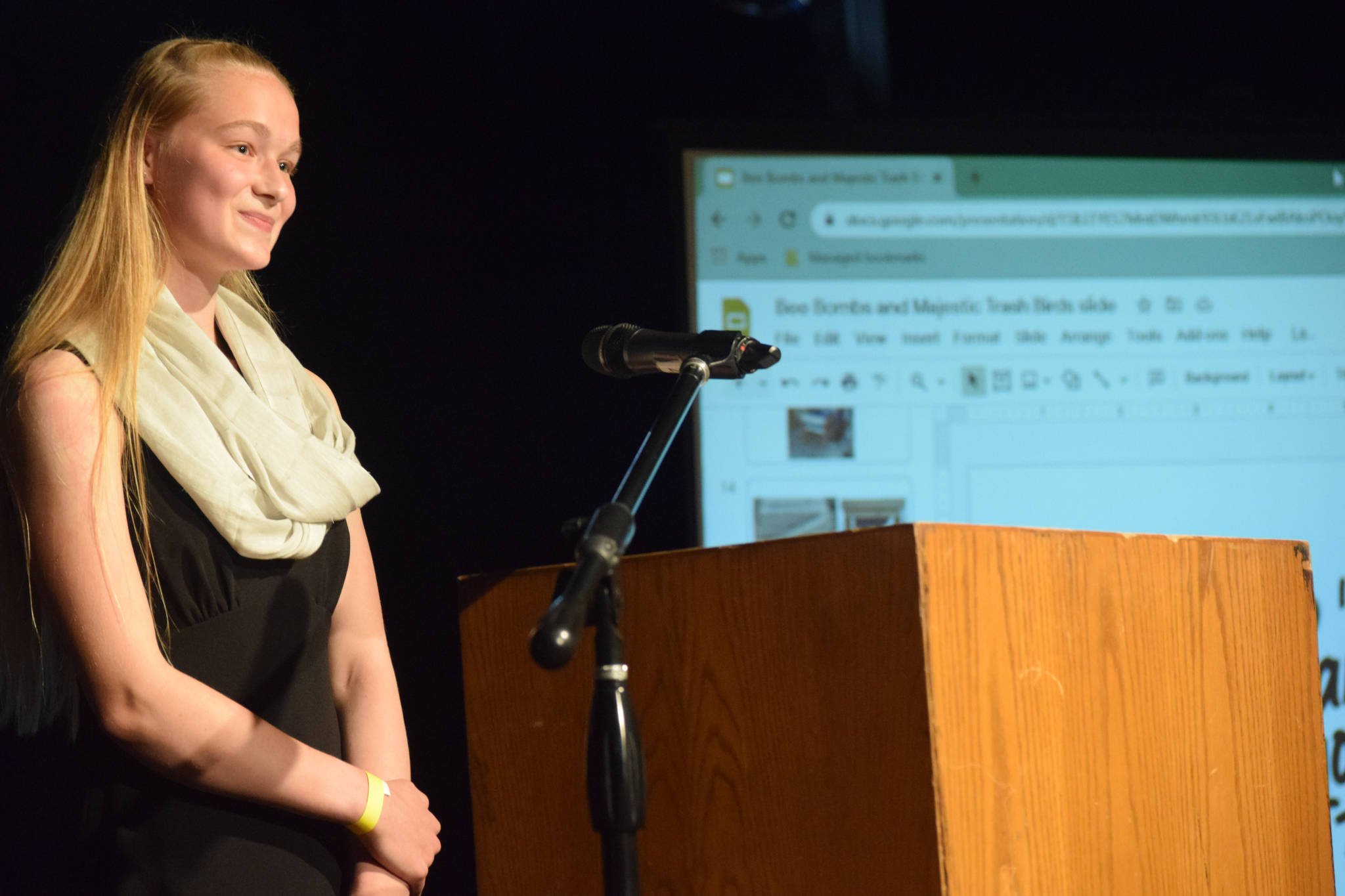 Emily Moss presents her Bee Bombs idea at the annual Caring for the Kenai environmental competition on Wednesday, April 21, 2021 at Kenai Central High School. Her idea to place beehives in local landfills to divert birds in an effort to reduce the spread of avian-related pathogens won first place on Wednesday, sending her home with a total of $1,600. (Photo by Camille Botello/Peninsula Clarion)