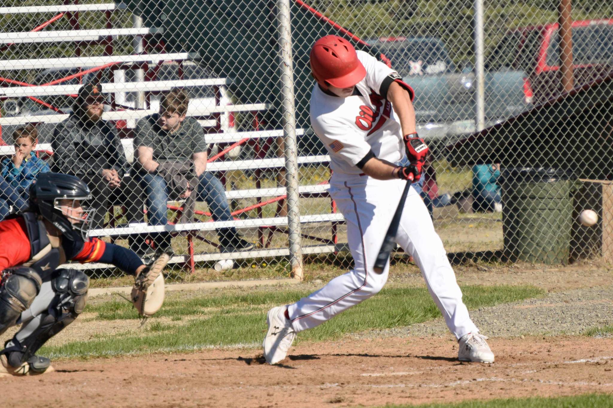 Ben Grunberg of the Oilers squares up a pitch from the Alaska Goldpanners of Fairbanks on Saturday, June 5, 2021, at Coral Seymour Memorial Park in Kenai, Alaska. (Photo by Jeff Helminiak/Peninsula Clarion)