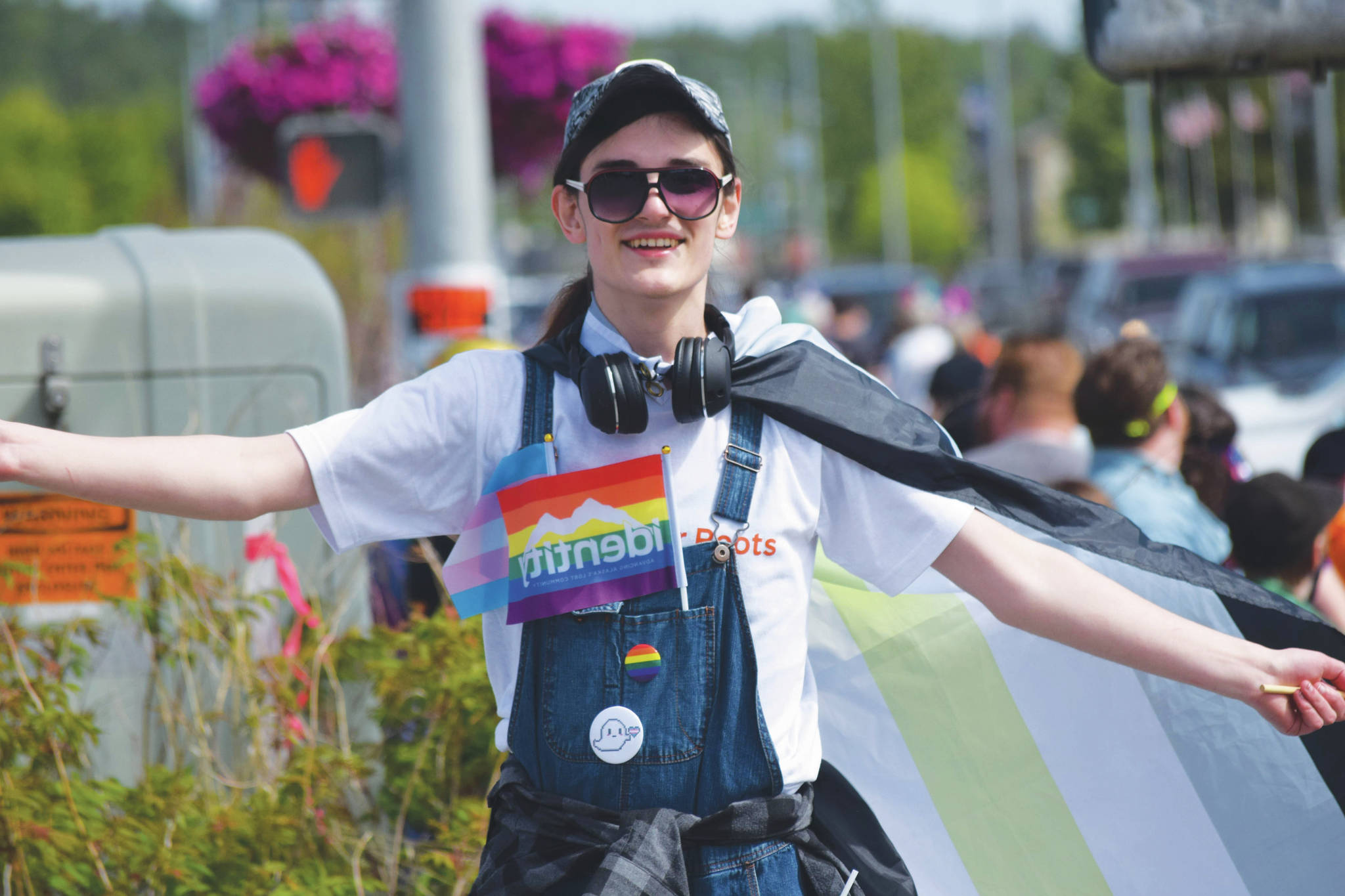 Camille Botello / Peninsula Clarion
A participant in the Soldotna Pride March celebrates on Saturday. A group spanning five blocks marched from the Soldonta Regional Sports Complex through downtown Soldotna and gathered at Soldotna Creek Park. <strong>See story Page 2</strong>