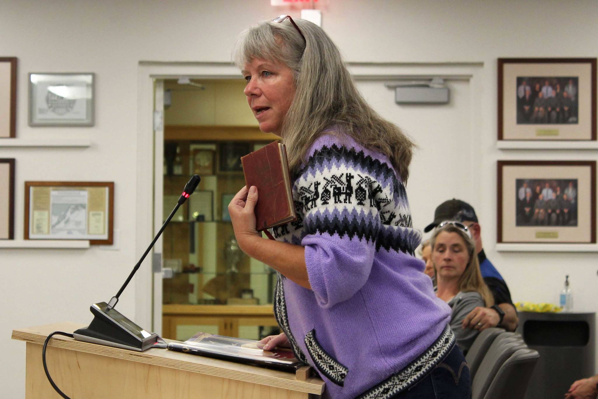 April Orth testifies before the Kenai Peninsula Borough School District Board of Education on Monday, July 12, 2021 in Soldotna, Alaska. (Ashlyn O'Hara/Peninsula Clarion)