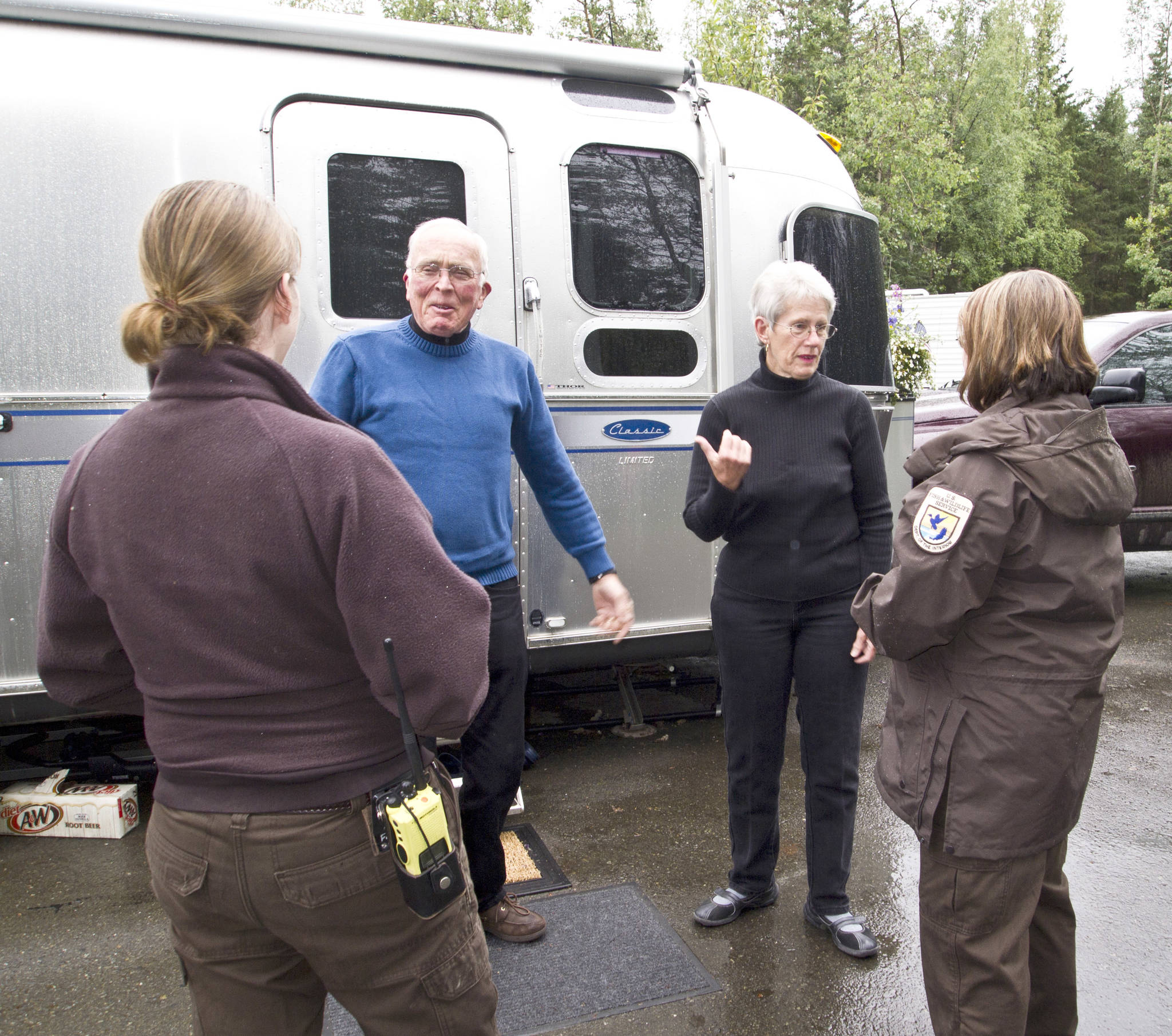 Volunteer campground hosts meet with Refuge Rangers at Hidden Lake Campground. (Photo by Berkley Bedell/USFWS)