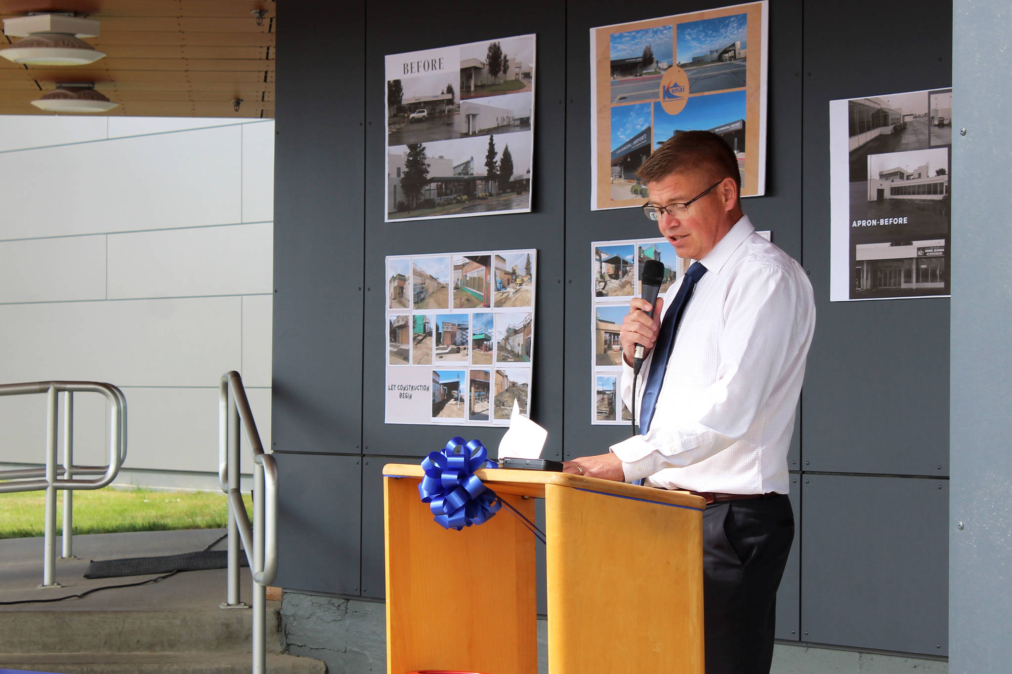 Kenai City Manager Paul Ostrander speaks at a ribbon-cutting ceremony at Kenai Municipal Airport on Friday, Aug. 6, 2021 in Kenai, Alaska. (Ashlyn O’Hara/Peninsula Clarion)