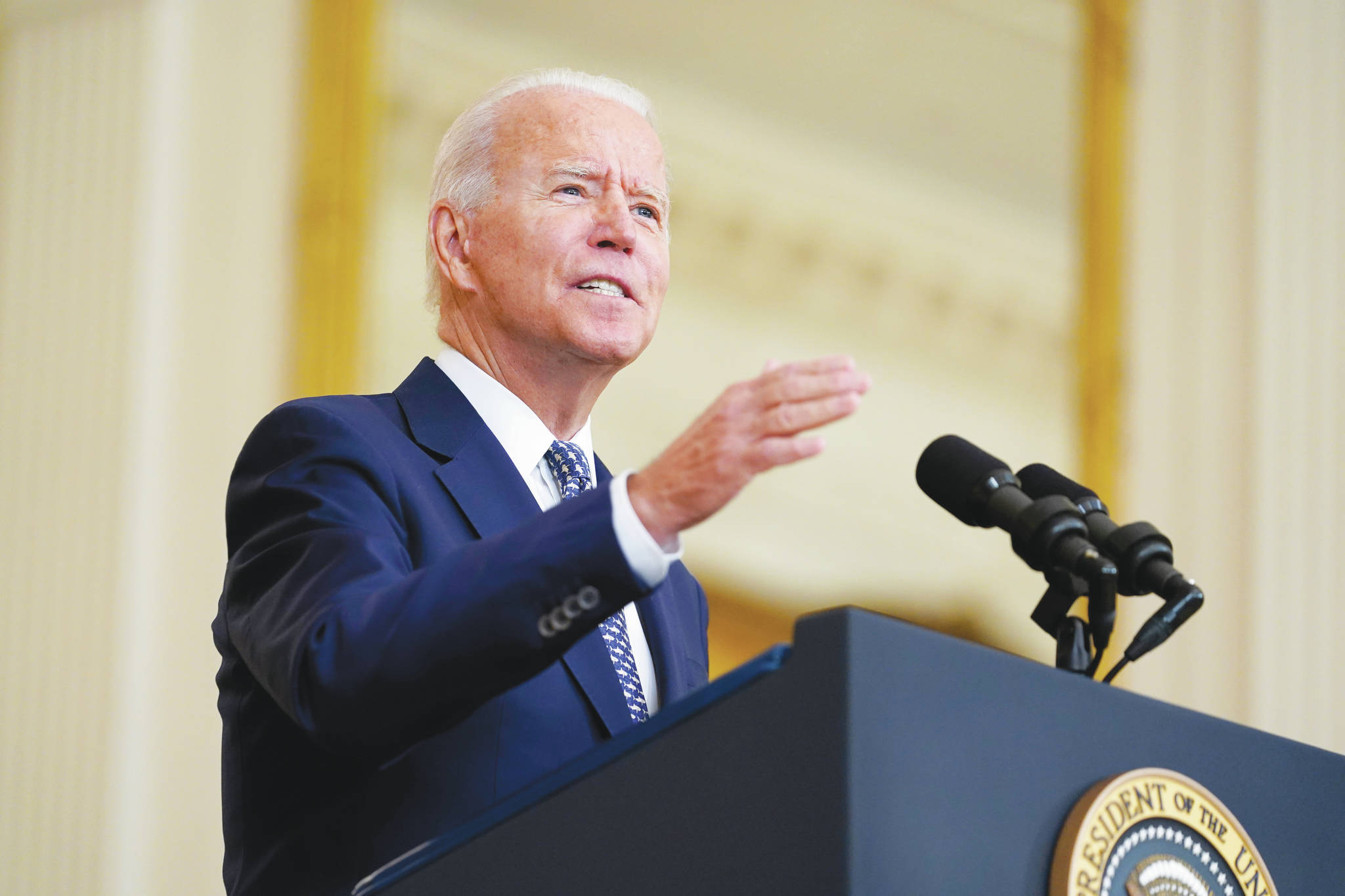 President Joe Biden speaks about the bipartisan infrastructure bill from the East Room of the White House in Washington, Tuesday, Aug. 10, 2021. With a robust vote after weeks of fits and starts, the Senate approved a $1 trillion bipartisan infrastructure plan on Tuesday, a rare coalition of Democrats and Republicans joining to overcome skeptics and deliver a cornerstone of President Joe Biden’s agenda. (AP Photo/Susan Walsh)