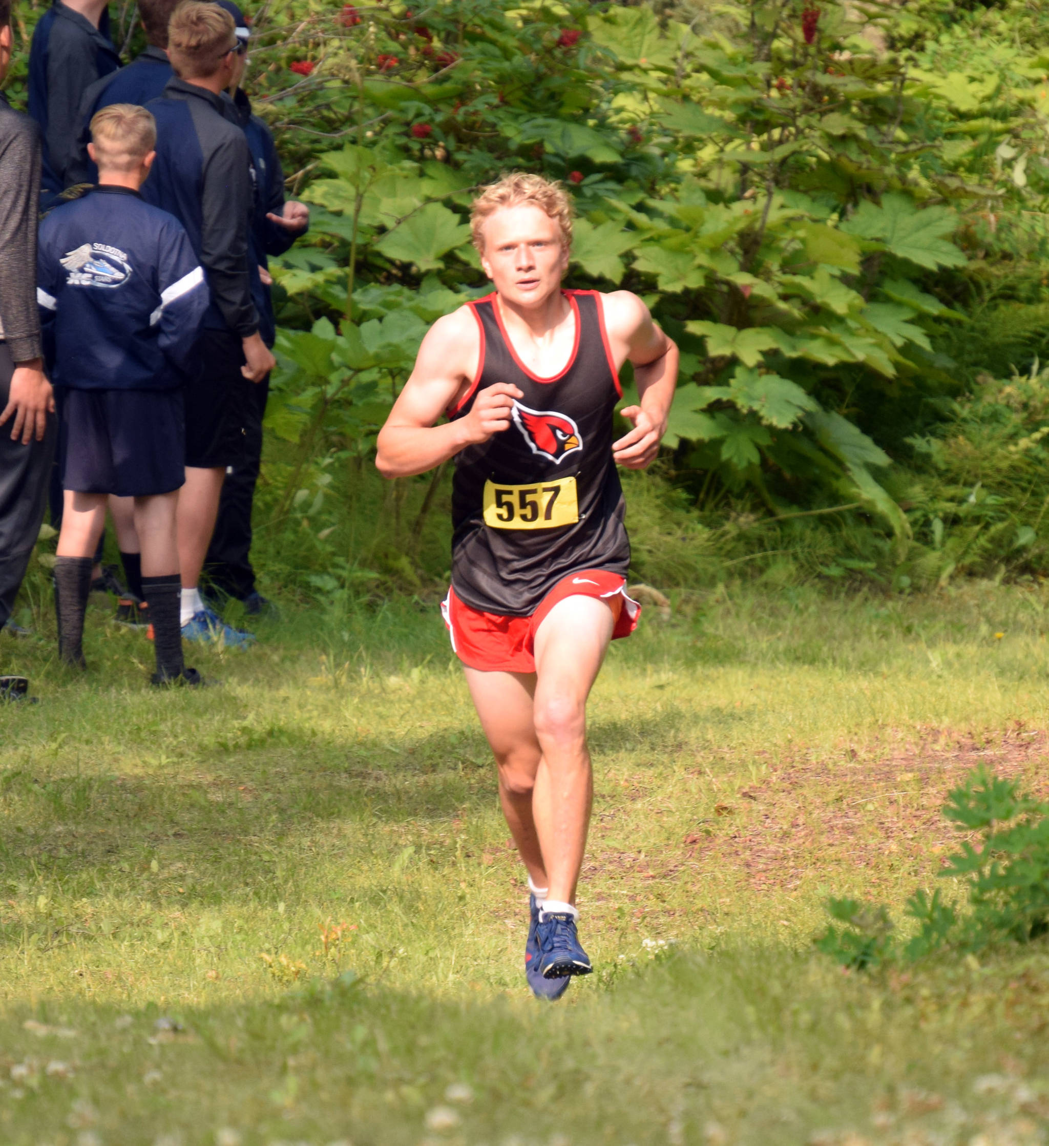 Kenai Central sophomore Jack Laker runs to victory in the freshmen-sophomore boys race at the Nikiski Class Races on Monday, Aug. 16, 2021, at Nikiski High School in Nikiski, Alaska. (Photo by Jeff Helminiak/Peninsula Clarion)