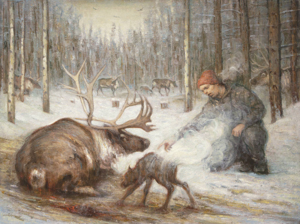 Photo courtesy Alex Rydlinski 
“The Newborn” oil on canvas by Kenai Art Center Executive Director Alex Rydlinski. Rydlinski’s work will be on display at the Kenai Art Center through September. Below, the “Reindeer Man” exhibit is seen at the Kenai Art Center on Wednesday.