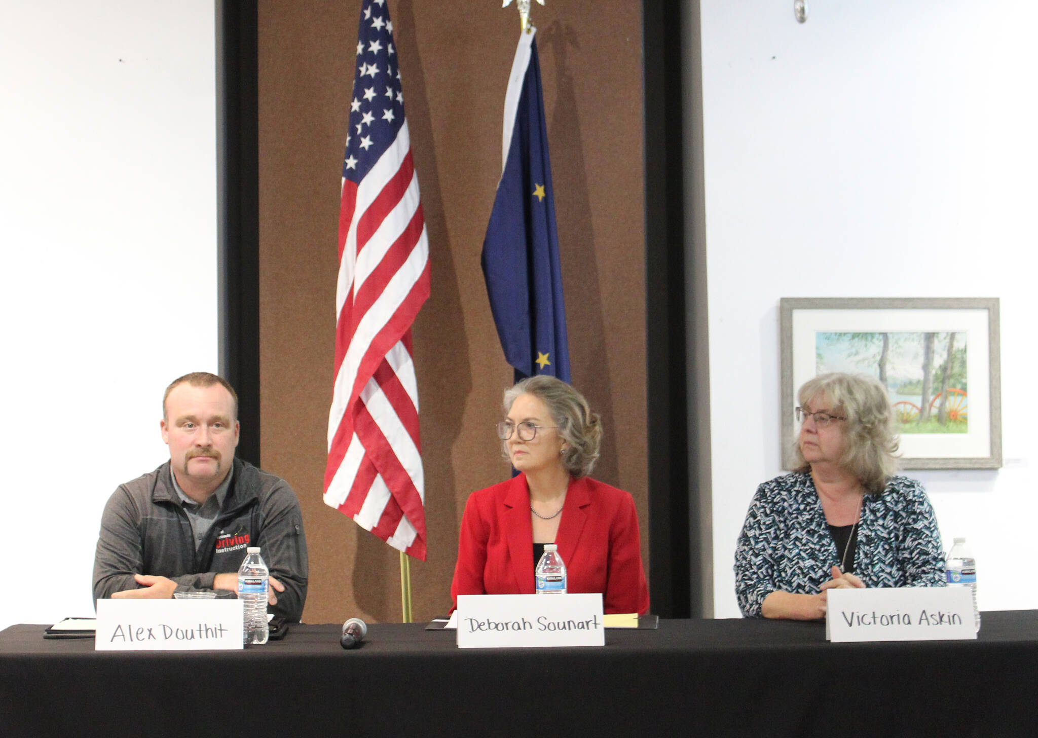 From left: Kenai City Council candidates Alex Douthit, Deborah Sounart and Victoria Askin attend an election forum at the Kenai Chamber of Commerce and Visitor Center on Wednesday, Sept. 15, 2021 in Kenai, Alaska. (Ashlyn O’Hara/Peninsula Clarion)