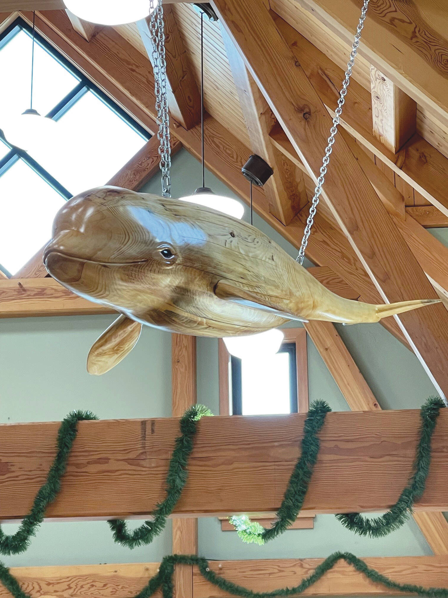 A wood-carved whale hangs in the Nikiski Senior Center on Sept. 23, 2021. (Photo courtesy of the Nikiski Senior Center)