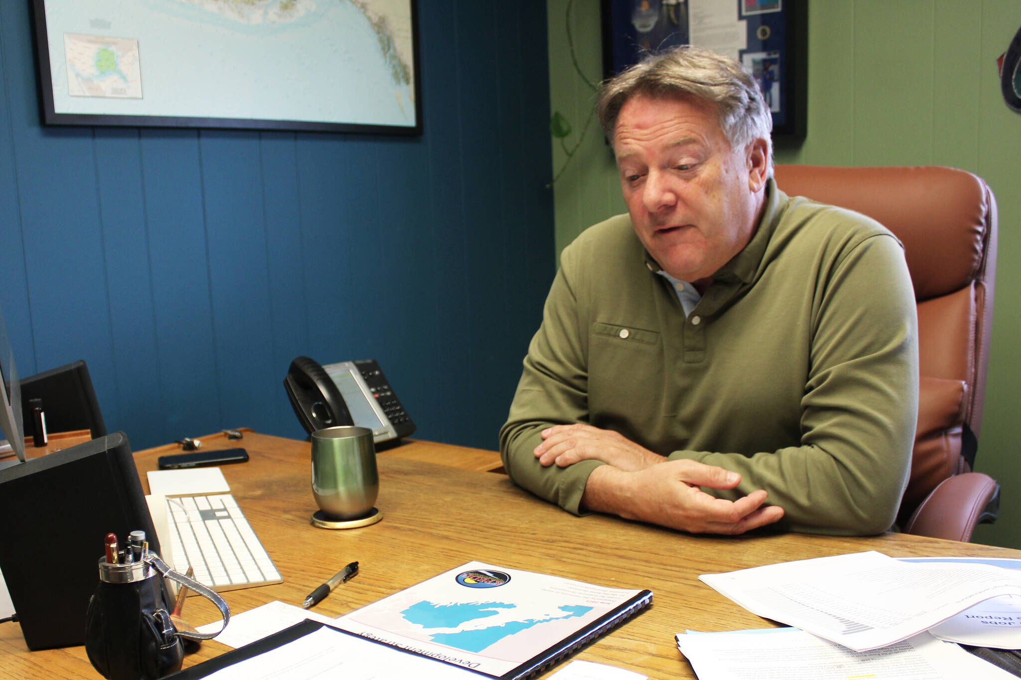 Kenai Peninsula Economic Development District Executive Director Tim Dillon discusses the organization’s operations in his office on Thursday, Sept. 30, 2021 in Kenai, Alaska. (Ashlyn O’Hara/Peninsula Clarion)