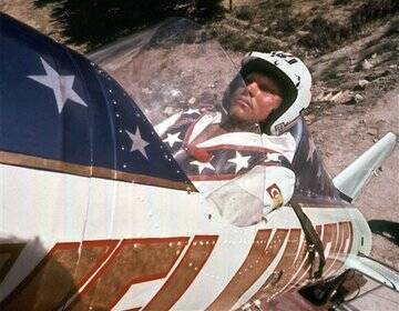 Evel Knievel is shown in his rocket on Sept. 8, 1974, before his failed attempt at a highly promoted 3/4-mile leap across Snake River Canyon in Idaho. (AP Photo/File)