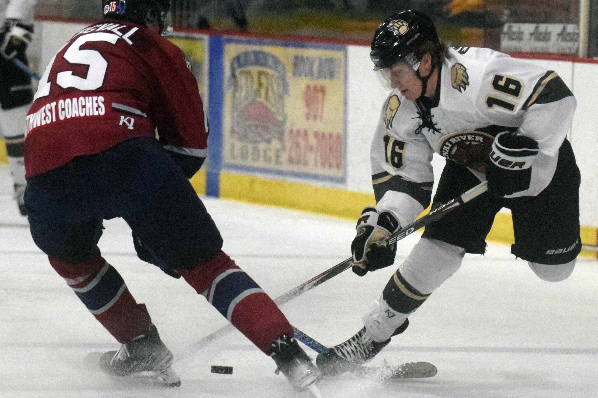 Love Bergvall of the Fairbanks Ice Dogs and Max Marquette of the Kenai River Brown Bears battle for the puck Friday, Oct. 29, 2021, at the Soldotna Regional Sports Complex in Soldotna, Alaska. (Photo by Jeff Helminiak/Peninsula Clarion)