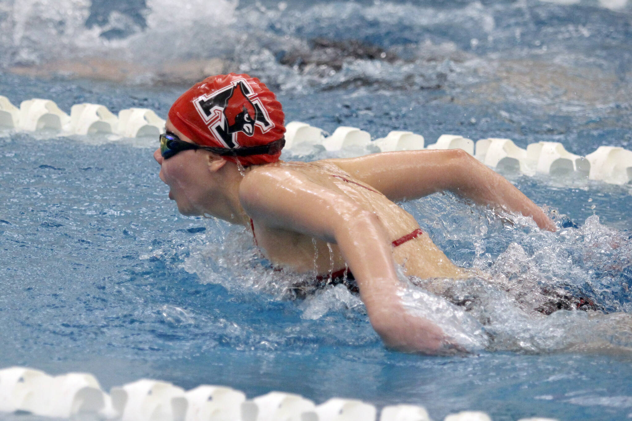 Jeremiah Bartz/Frontiersman
Kenai Central's Michelle Duffield competes in the girls' 100-yard butterfly during the Northern Lights Conference meet Saturday, Oct. 30, 2021, at the Palmer Pool in Palmer, Alaska.