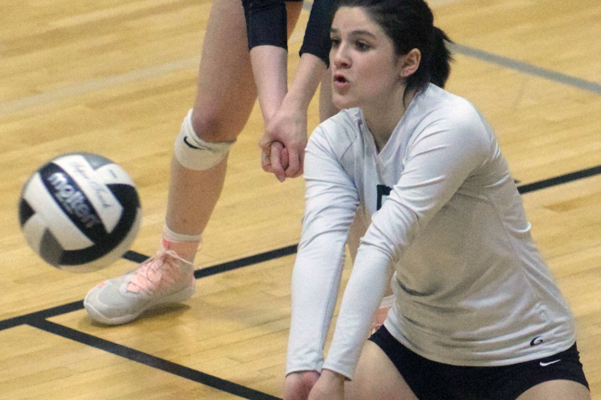 Seward's Maria Bunch digs up a ball against Nikiski on Wednesday, Nov. 3, 2021, at Nikiski High School in Nikiski, Alaska. (Photo by Jeff Helminiak/Peninsula Clarion)