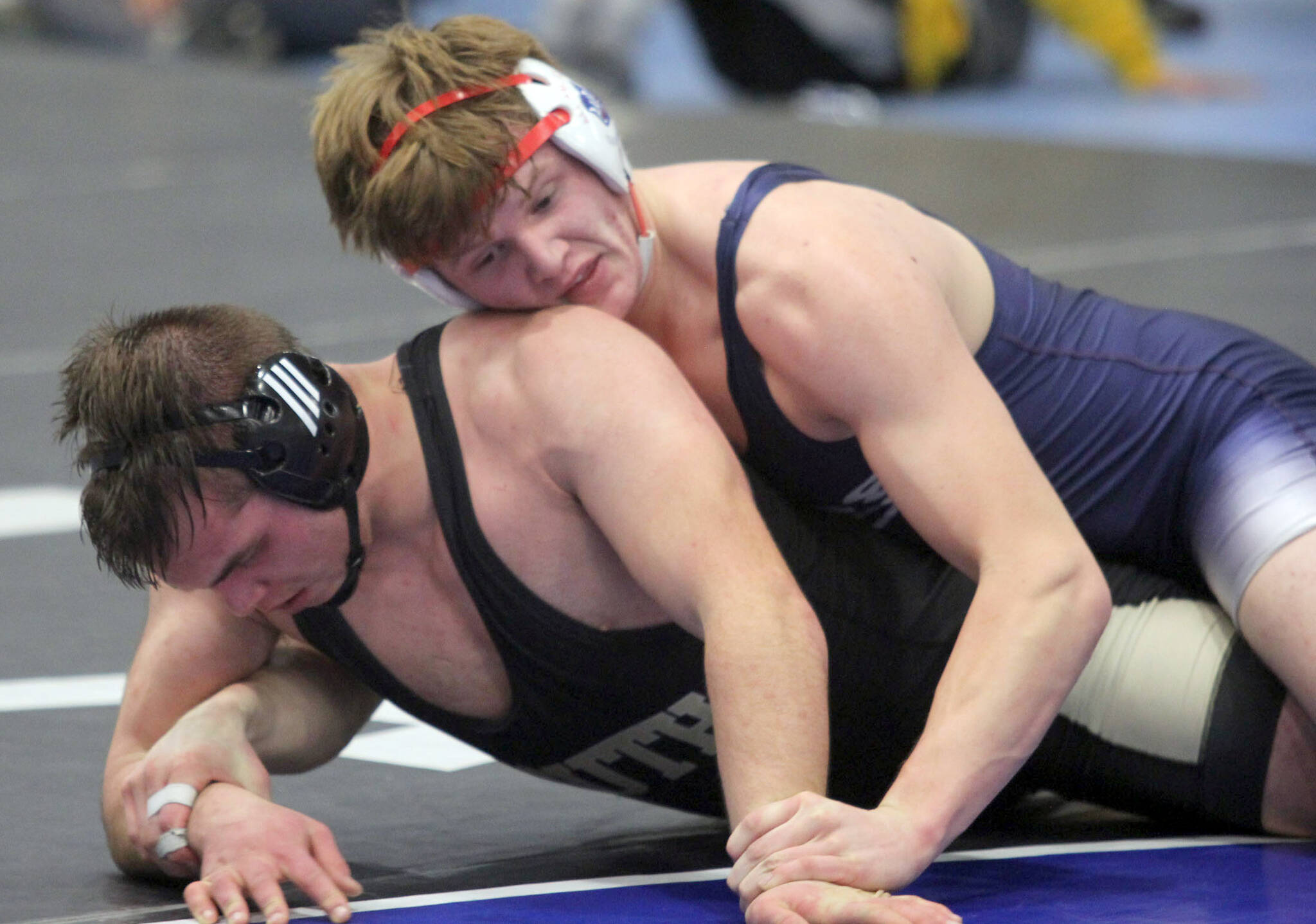 (Photo by Jeremiah Bartz/Frontiersman)
Soldotna junior Liam Babitt holds a grip on South Anchorage’s Britten Hamilton during the 215-pound final of the Lancer Smith Fall Varsity 2021 Invite on Saturday at the Menard Arena in Wasilla.