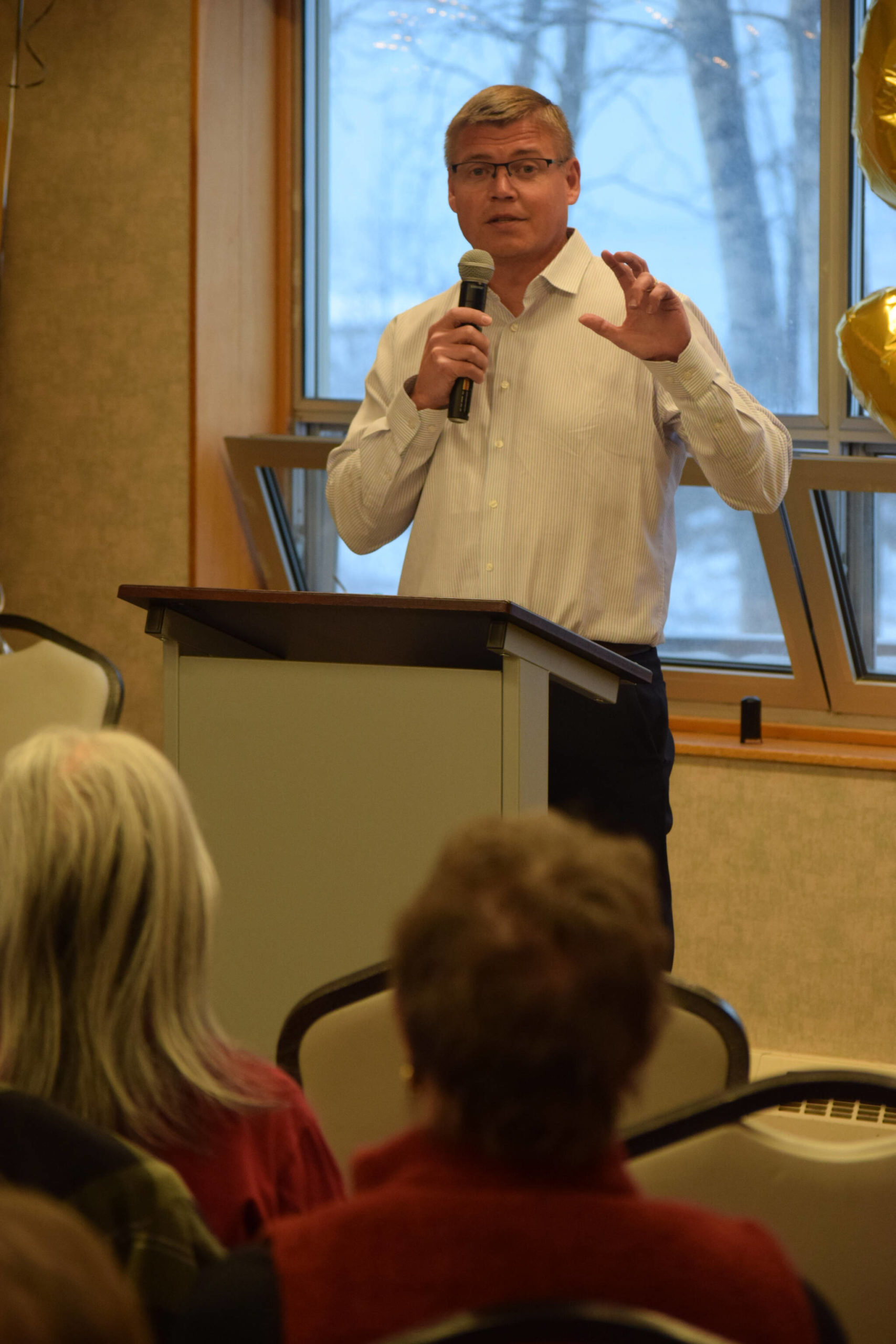 City Manager Paul Ostrander speaks at the Kenai Senior Center’s 50th anniversary reception on Tuesday, Nov. 30, 2021 in Kenai, Alaska. (Camille Botello/Peninsula Clarion)