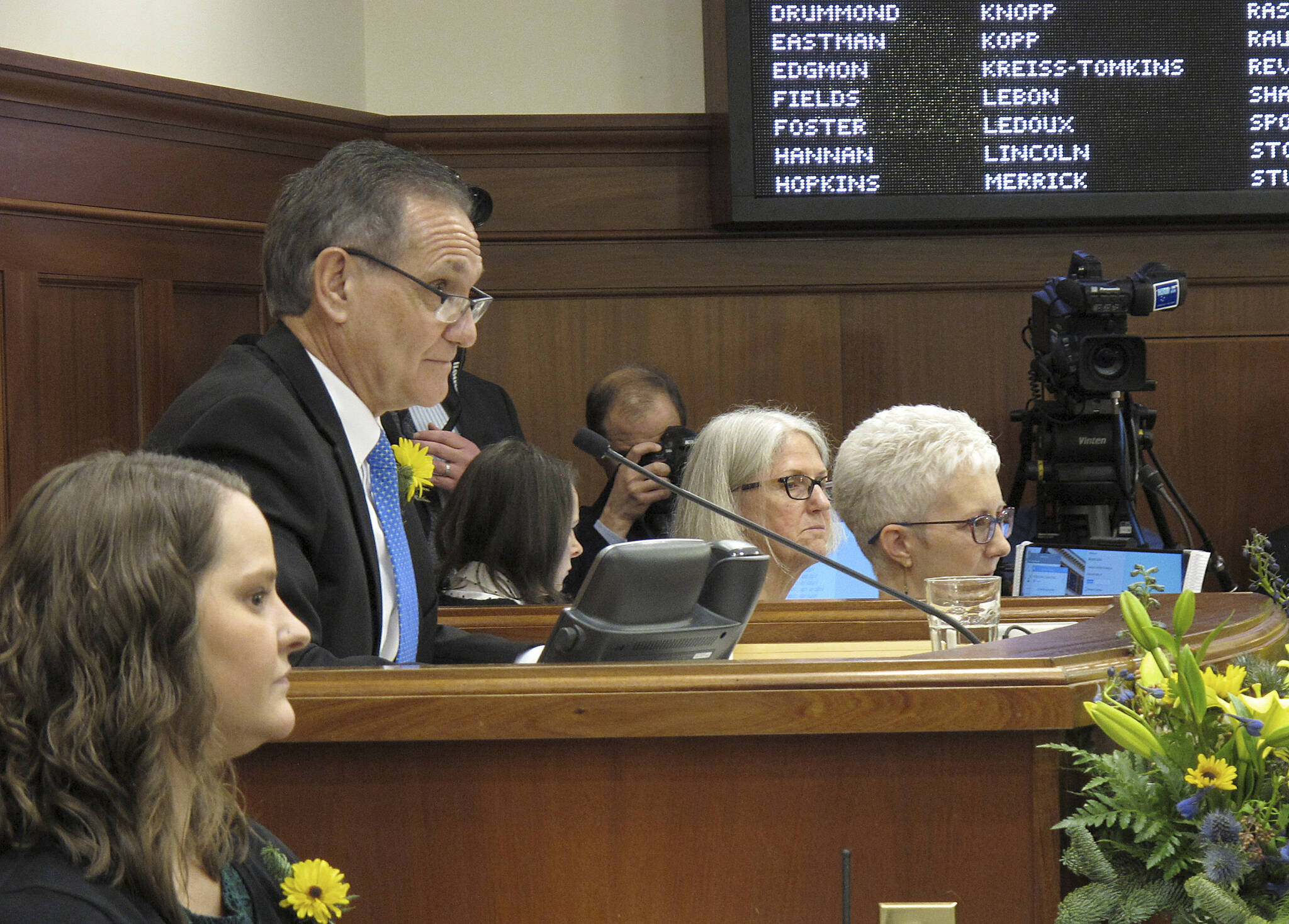 Alaska Lt. Gov. Kevin Meyer is seen on the floor of the Alaska House on Tuesday, Jan. 15, 2019, in Juneau, Alaska. Meyer, a Republican who oversees elections in Alaska, in November 2020, announced plans for a hand-count review of votes cast on a successful ballot initiative, which would change how elections in Alaska are conducted, casting the review as a way to calm questions that had been raised about the validity of election results. The Associated Press received emails on Nov. 30, 2021, hat were received by Meyer’s office with complaints or concerns about the election, more than a year after they were requested. (AP Photo/Becky Bohrer, File)