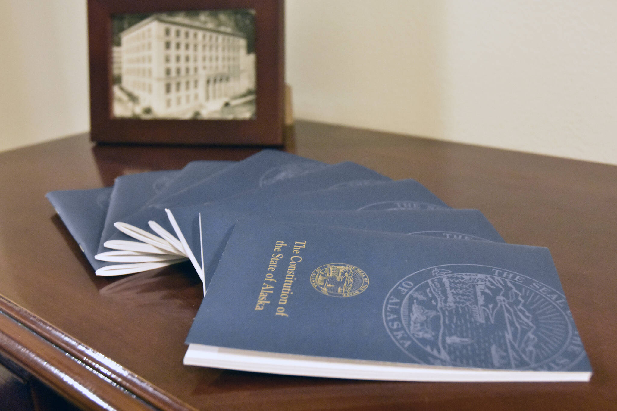 Copies of the Alaska State Constitution were available outside the Lt. Governor’s office on Monday, Dec. 13, 2021. (Peter Segall / Juneau Empire)