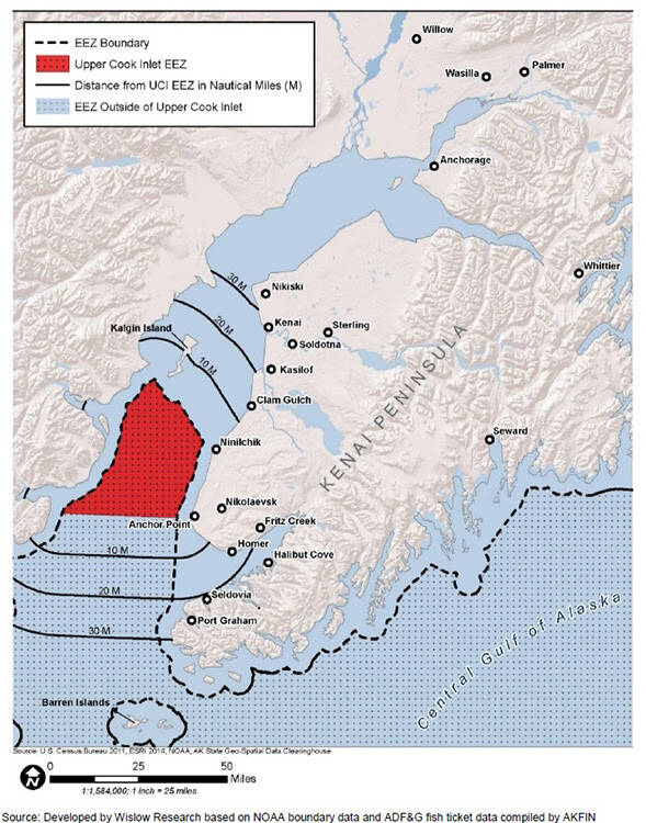 Upper Cook Inlet Exclusive Economic Zone can be seen on this map provided by the National Oceanic and Atmospheric Administration. (Image via fisheries.noaa.gov)