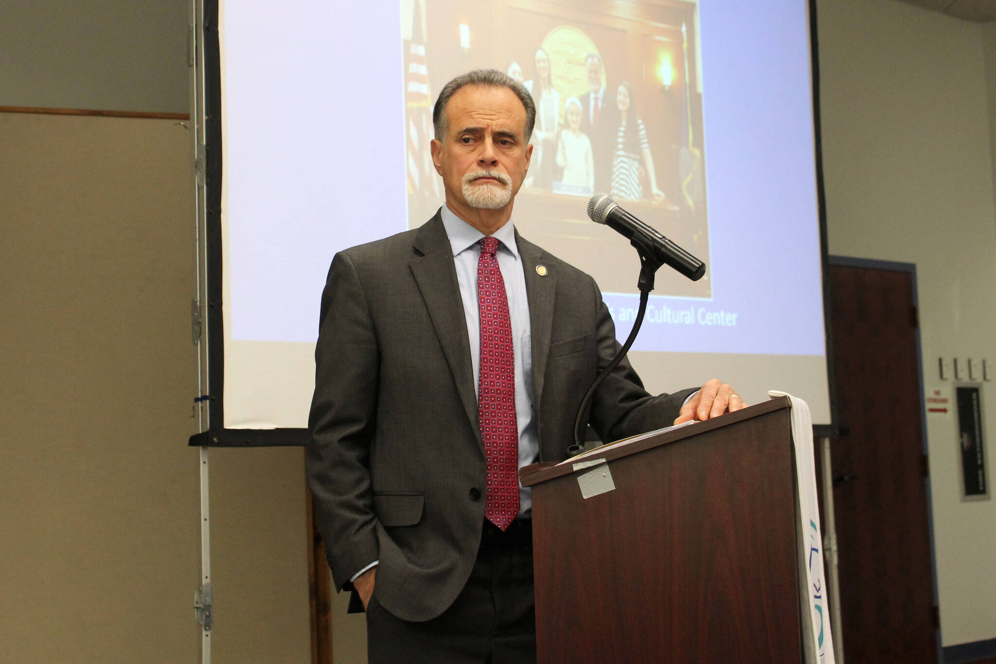 State Sen. Peter Micciche fields questions from constituents during a joint chamber luncheon on Wednesday, Jan. 5, 2022 at the Kenai Chamber of Commerce and Visitor Center in Kenai, Alaska. (Ashlyn O’Hara/Peninsula Clarion)