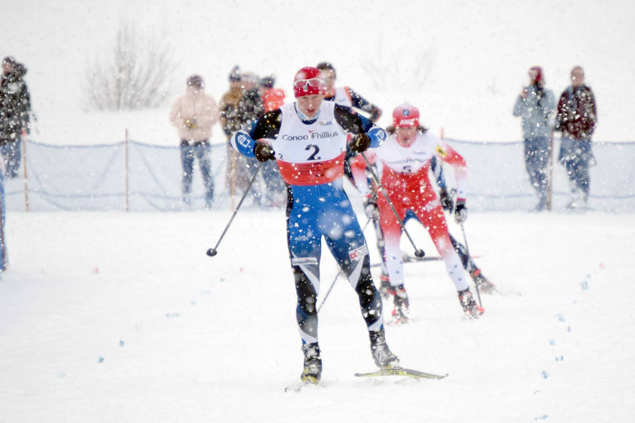 Karl Danielson, a graduate of Kenai Central currently skiing for Alaska Pacific University, wins the Under-16 and over sprint at Besh Cup 3 on Saturday, Jan. 15, 2022, at Tsalteshi Trails just outside of Soldotna, Alaska. (Photo by Jeff Helminiak/Peninsula Clarion)