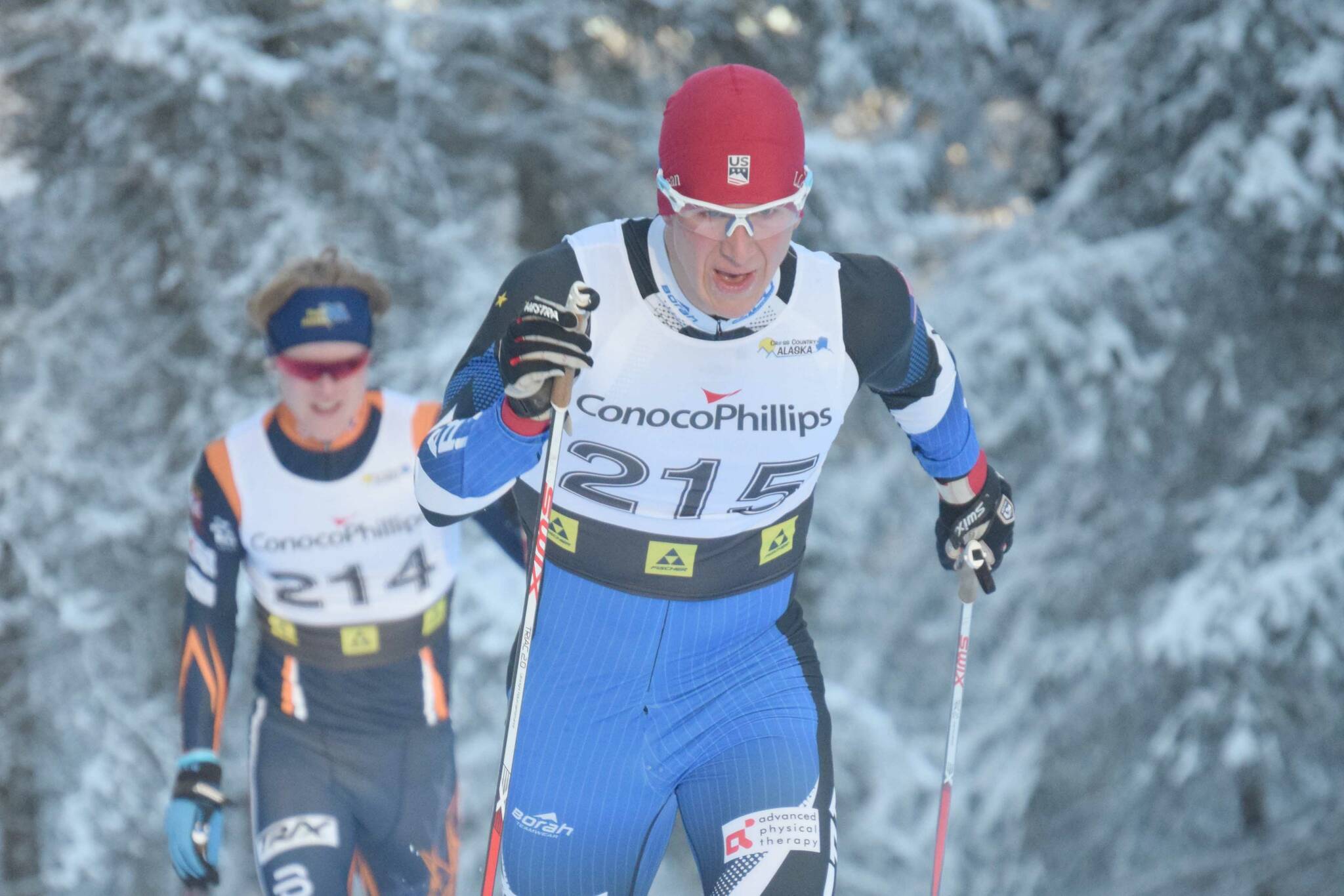 Karl Danielson, a 2018 graduate of Kenai Central, races to victory in the Under-18 and over men's 10-kilometer interval start classic at Besh Cup 4 on Sunday, Jan. 16, 2022, at Tsalteshi Trails just outside of Soldotna, Alaska. The Besh Cup races are mostly used to select skiers for Junior Nationals, but also give younger and older skiers a chance for top-notch racing. It took over 50 volunteers to put together the two days of races, which had over 200 skiers each day.