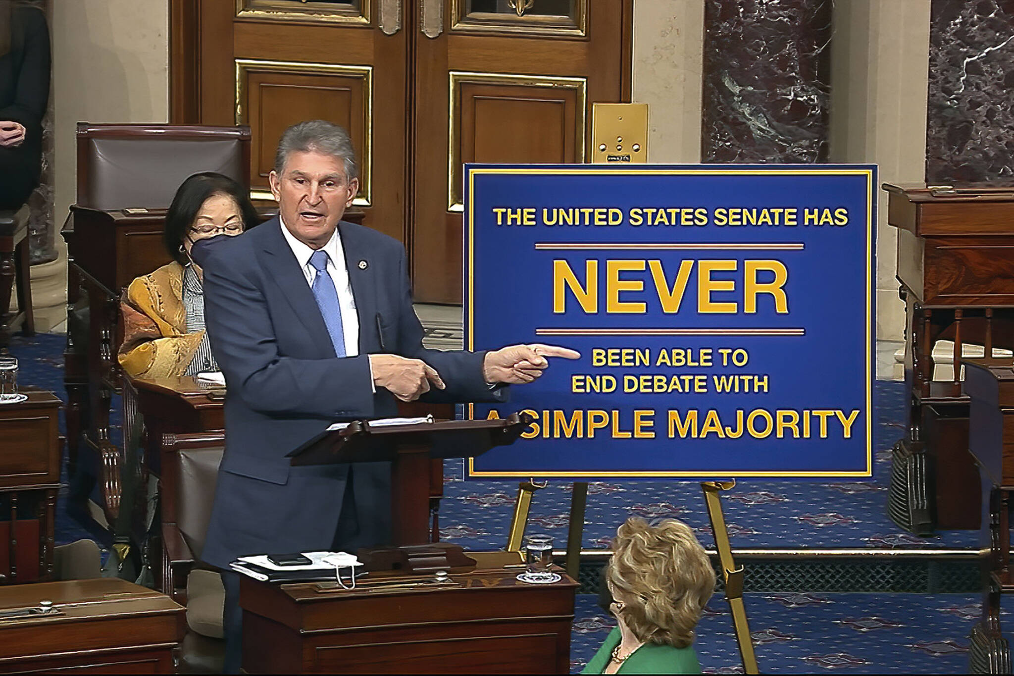 In this image from Senate Television, Sen. Joe Manchin, D-W.Va., speaks on the floor of the U.S. Senate Wednesday, Jan. 19, 2022, at the U.S. Capitol in Washington. (Senate Television via AP)