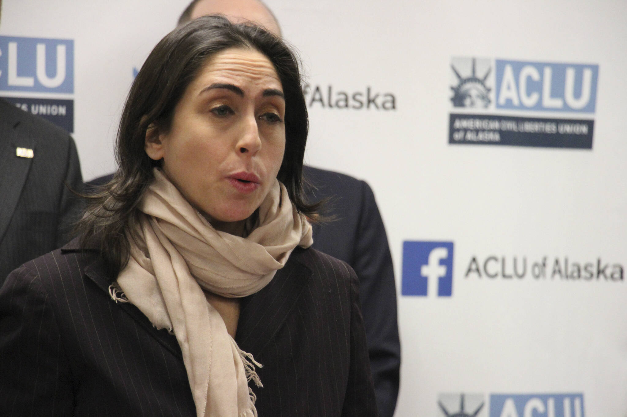 Former Alaska Assistant Attorney General Elizabeth Bakalar speaks a news conference on Jan. 10, 2019, in Anchorage, Alaska, after she sued the state. A federal judge on Thursday, Jan. 20, 2022, ruled that Bakalar was wrongfully terminated by the then-new administration of Alaska Gov. Mike Dunleavy for violating her freedom of speech rights. (AP File Photo/Mark Thiessen, File)