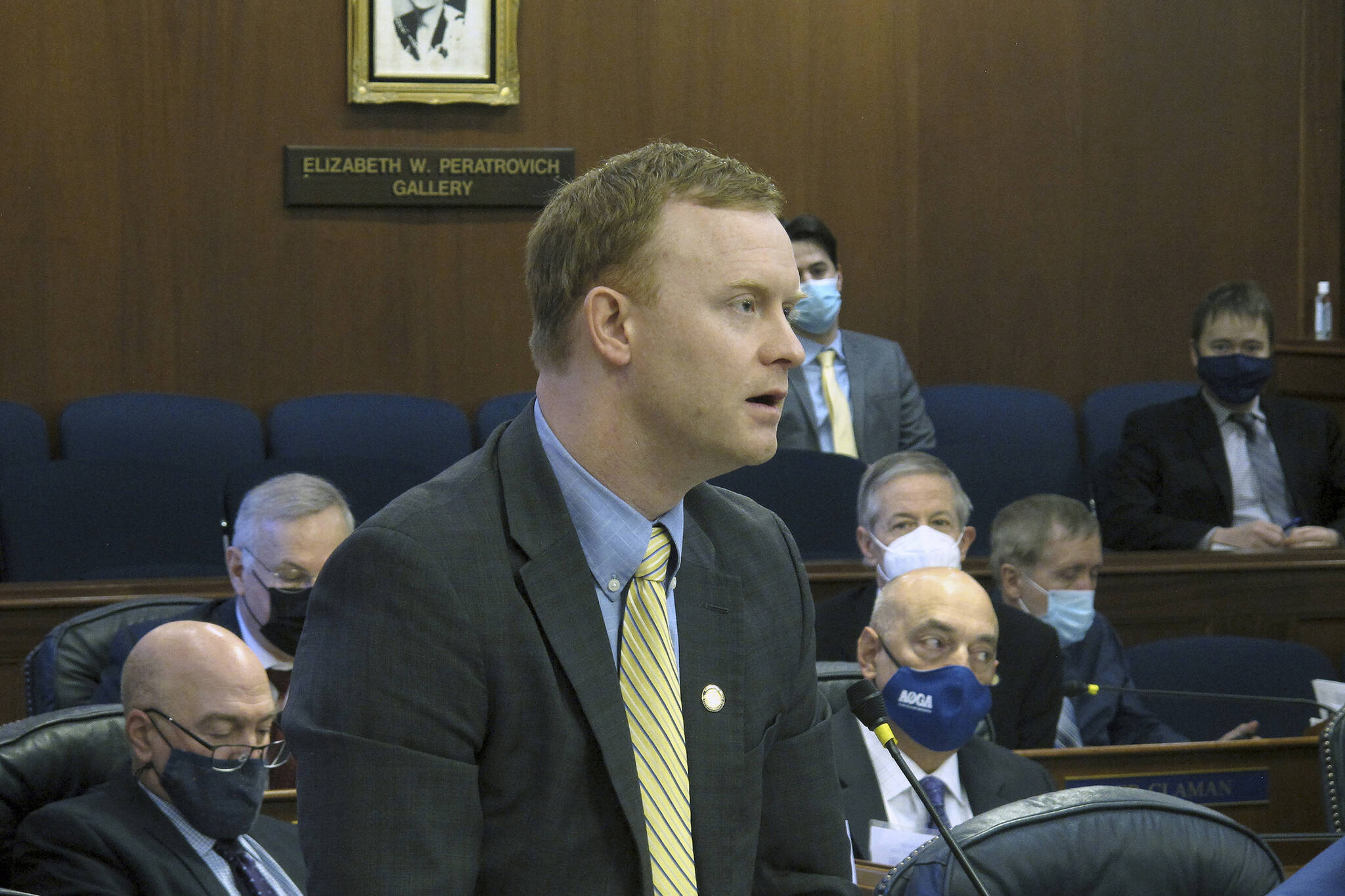 Alaska Republican state Rep. David Eastman speaks on the floor of the Alaska House on Monday, Jan. 31, 2022, in Juneau, Alaska. The Alaska House tabled action Monday on a proposal to remove from legislative committees Eastman, who has said he joined the Oath Keepers far-right organization years ago. The House Committee on Committees voted 5-2 to remove Republican Rep. Eastman of Wasilla from his committee assignments, said Joe Plesha, communications director for the House’s bipartisan majority. (AP Photo/Becky Bohrer)