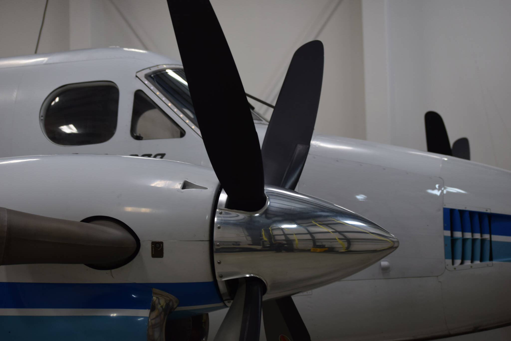 A nine-seat Beechcrafter Super King Air B200 plane sits in a hanger at Kenai Aviation in Kenai, Alaska, on Wednesday, March 9, 2022. (Camille Botello/Peninsula Clarion)