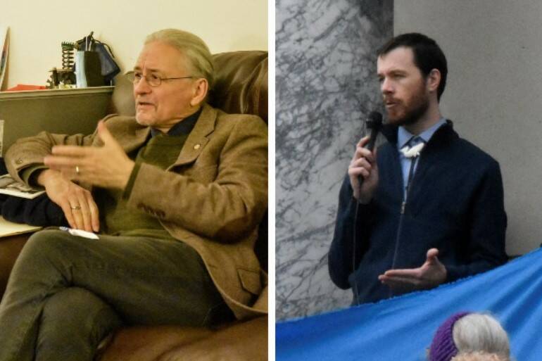 Alaska Sen. Tom Begich, left, and Rep. Zack Fields, right, both Anchorage Democrats, joined a news conference Thursday to talk up President Joe Biden’s agenda in Alaska. (Peter Segall / Juneau Empire)