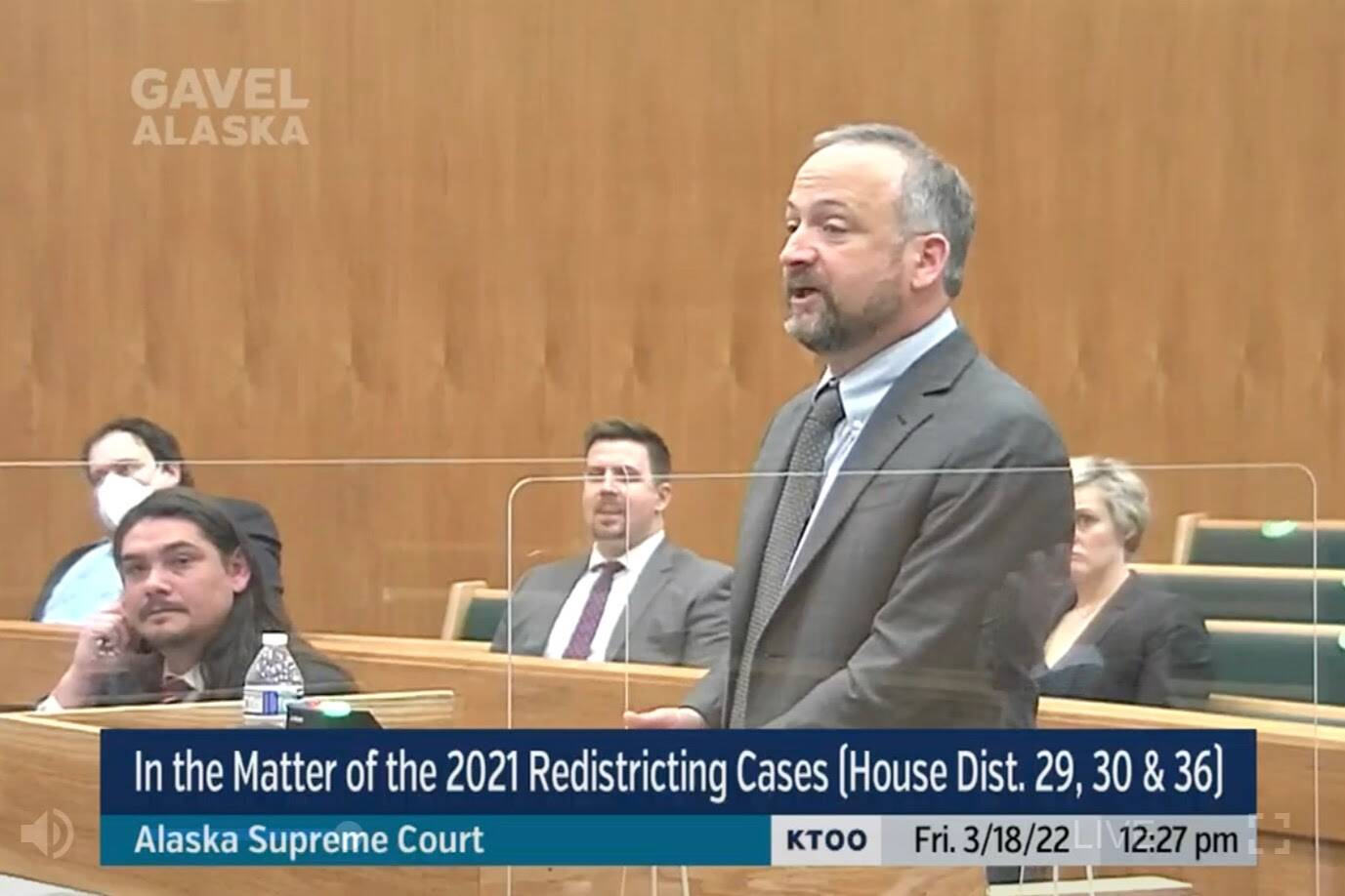 Screenshot
Attorney for the State of Alaska Matthew Singer defends the Alaska Redistricting Board to the Alaska Supreme Court on Friday, March 18, 2022. The Court will return a decision on the state’s new electoral districts by April 1.