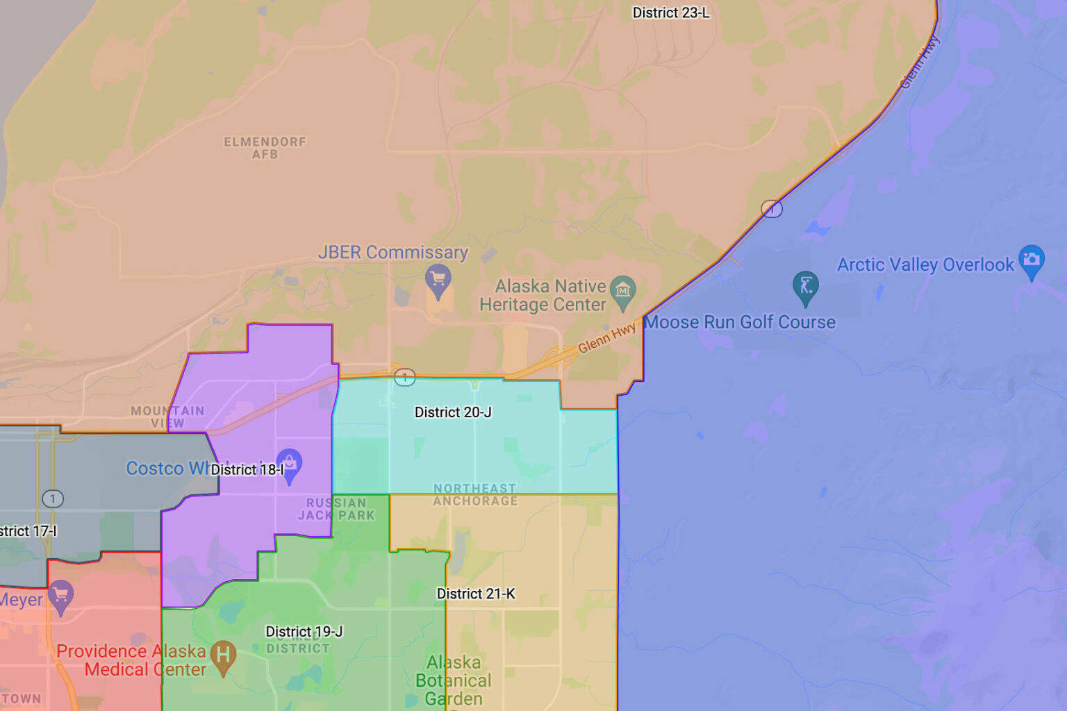 A map from the Alaska Redistricting Board shows proposed House Districts in Anchorage, two of which were the subject of a lawsuit against the board for their being paired together in a single senate seat.The Alaska Supreme Court Ruled Friday the board acted unconstitutionally in one of its Senate district pairings. (Screenshot / Alaska Redistricting Board)