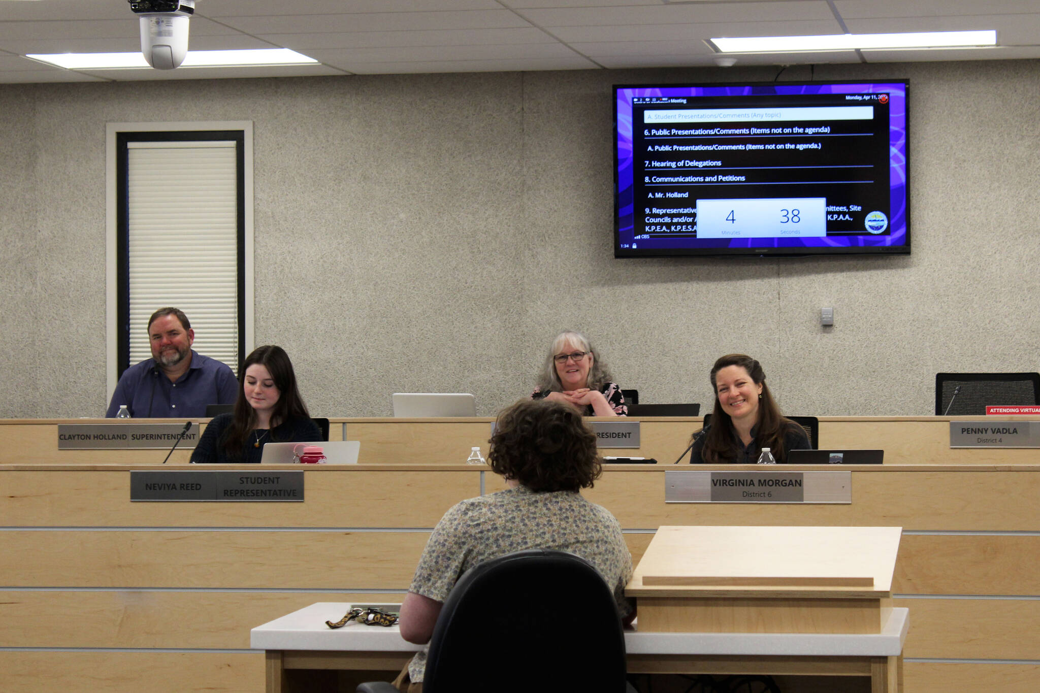 Kenai Peninsula Borough School District student Olivia Ferguson, who also serves as the student representative to KPBSD Board of Education’s information committee, testifies before the board Monday, April 11, 2022, in Soldotna, Alaska. (Ashlyn O’Hara/Peninsula Clarion)