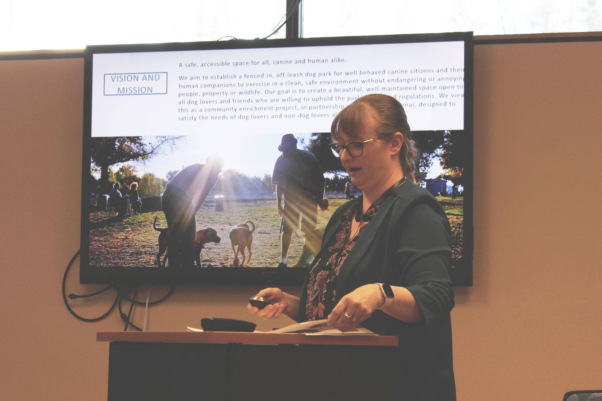 Crystal Locke speaks in support of the donation of an additional .53 acres of land for a community dog park during a presentation to the Kenai City Council on Wednesday, April 20, 2022, in Kenai, Alaska. (Ashlyn O’Hara/Peninsula Clarion)