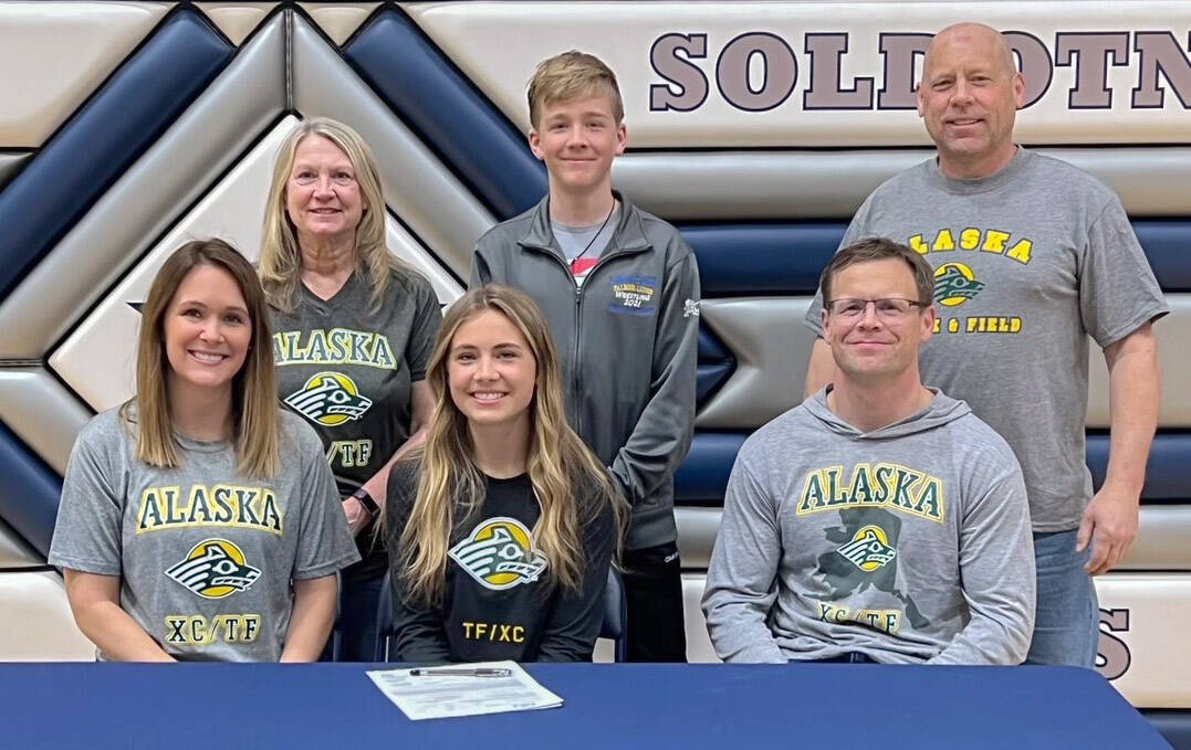 SoHi senior Jordan Strausbaugh signed a National Letter of Intent on Thursday, April 21, 2022, to run long distance at the University of Alaska Anchorage. In front are Jordan’s mother, Susie; Jordan; and Jordan’s father, Heath. In back are Jordan’s grandmother, Tammy; Jordan’s brother, Jacob; and Jordan’s grandfather, Kurt. (Photo provided)