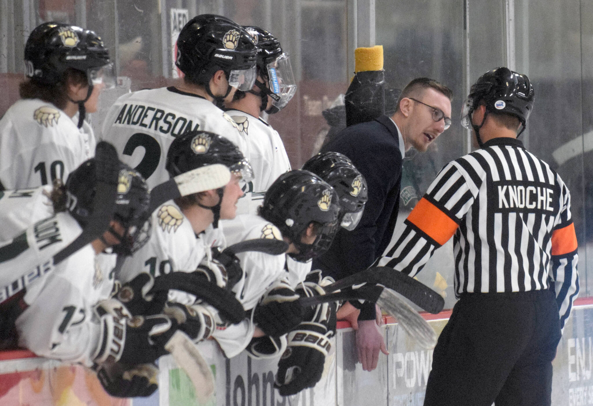 Taylor Shaw coaches against the Minnesota Magicians on Saturday, April 9, 2022, at the Soldotna Regional Sports Complex in Soldotna, Alaska. Shaw was elevated from interim head coach to head coach by the Kenai River Brown Bears on Thursday, April 28, 2022. (Photo by Jeff Helminiak/Peninsula Clarion)