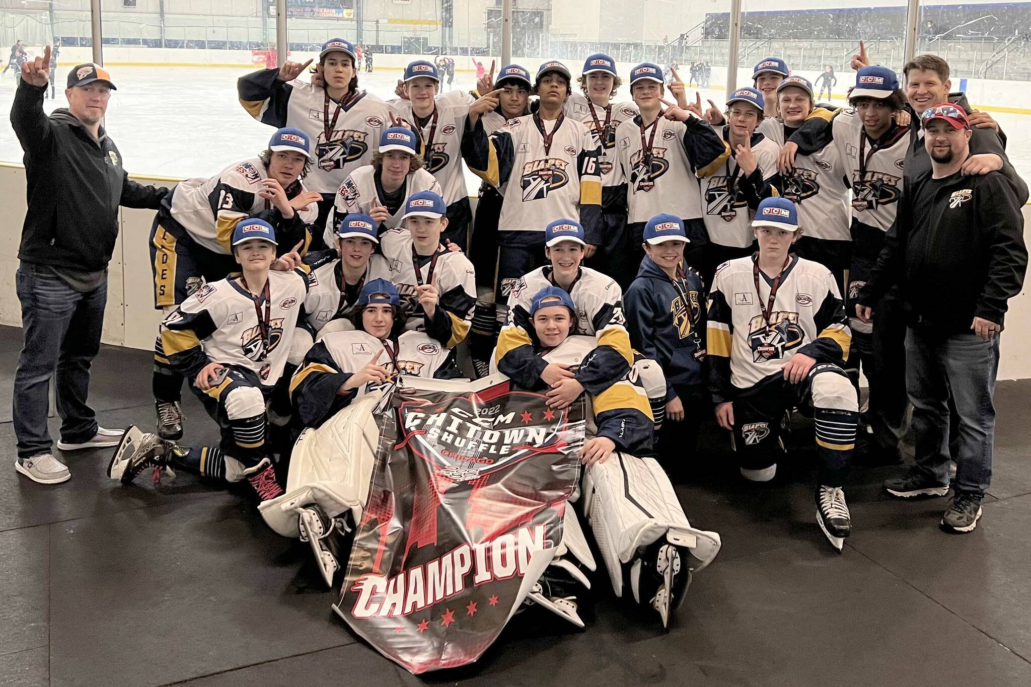 The Alaska Blades Under-14 AAA team celebrates after winning the CCM Chi-Town Shuffle from April 22 to 24, 2022, in Chicago. (Photo provided)