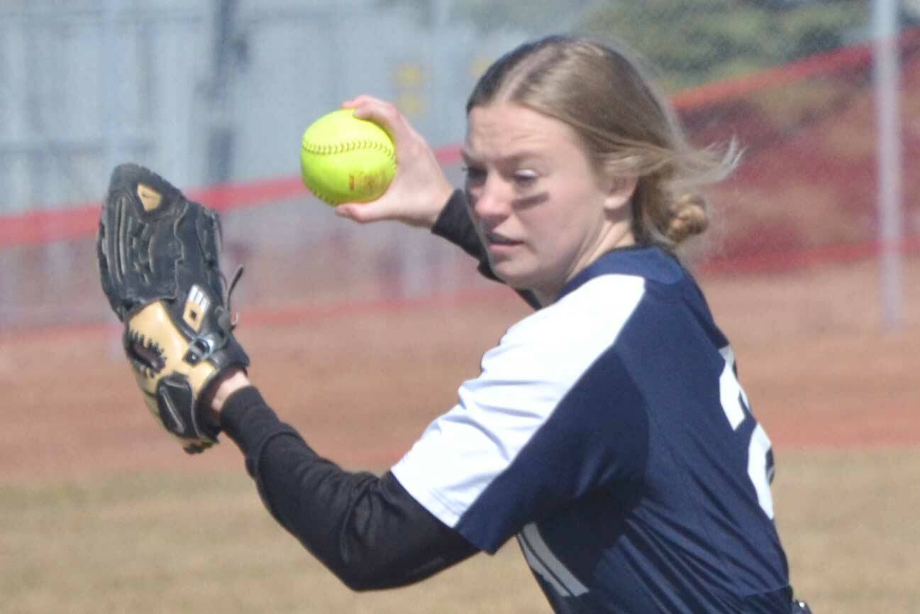 Soldotna second baseman Emily Hinz forces out Kenai's Avery Ellis at second base Saturday, May 7, 2022, at Steve Shearer Memorial Ball Field in Kenai, Alaska. (Photo by Jeff Helminiak/Peninsula Clarion)