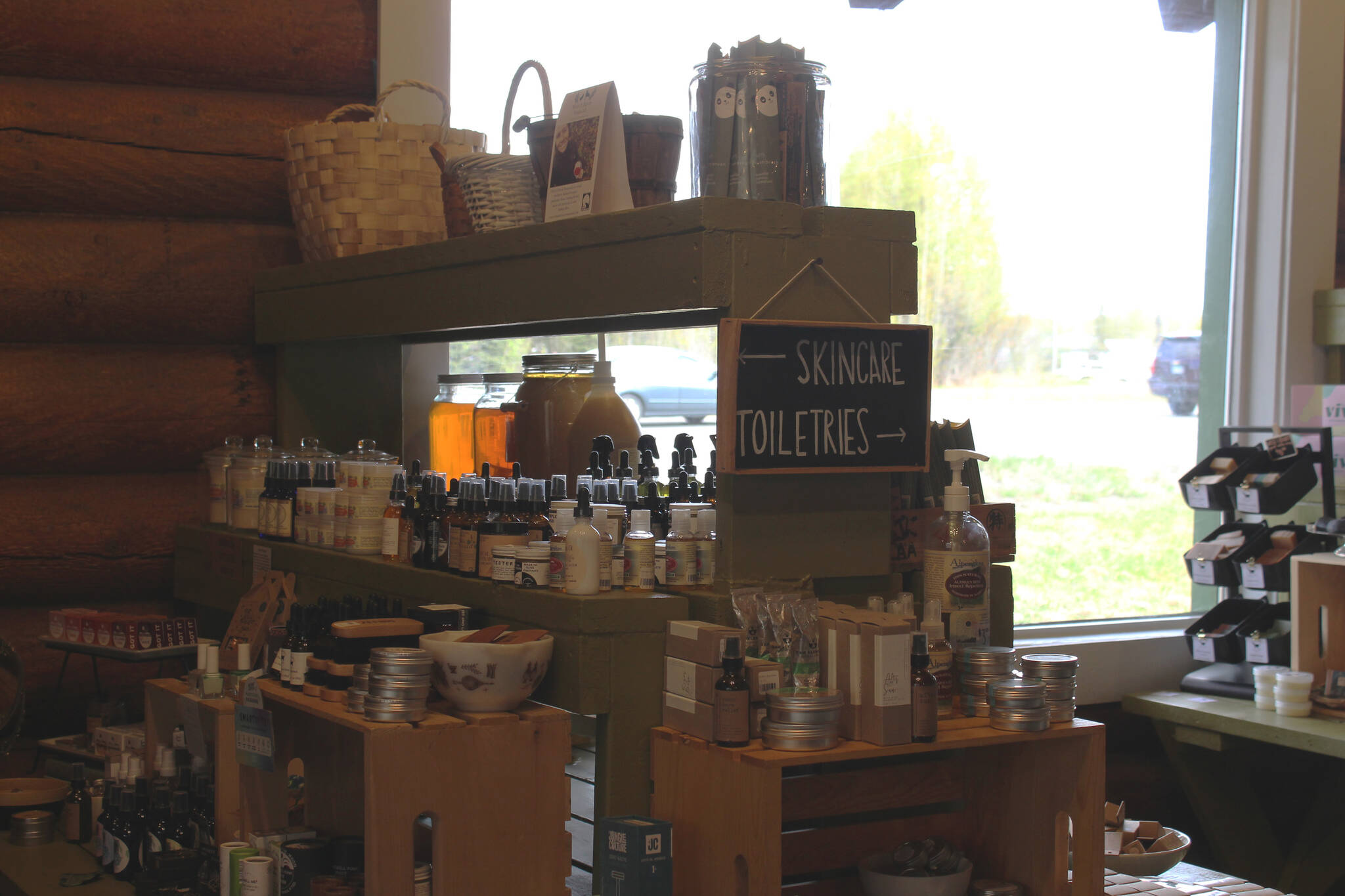 Skincare and toiletries are displayed in The Goods + Sustainable Grocery and Where it’s At mindful food and drink on Monday, May 16, 2022 in Soldotna, Alaska. (Ashlyn O’Hara/Peninsula Clarion)