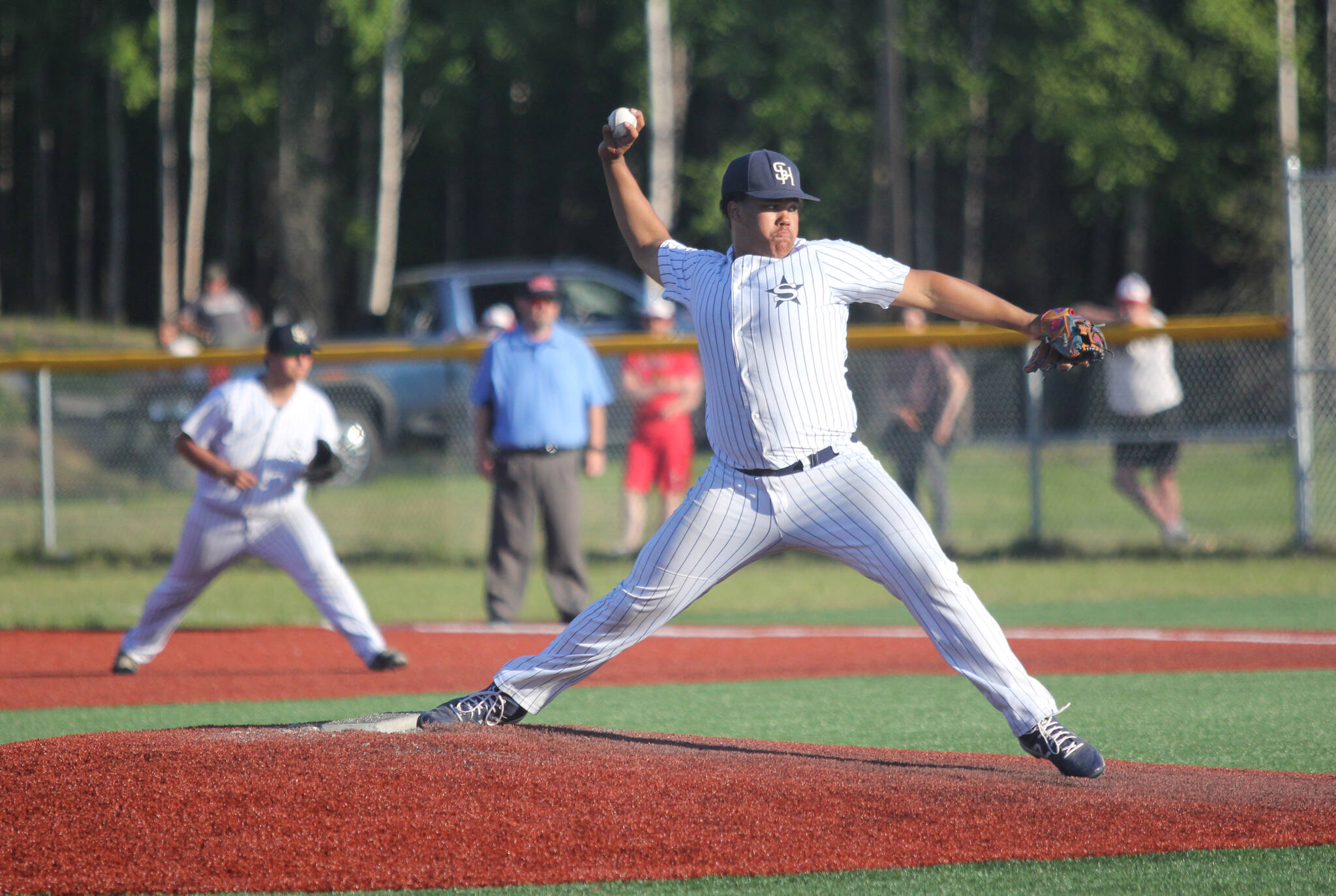 Soldotna starter Atticius Gibson fires a pitch during Palmer’s 5-1 win over Soldotna during the Southcentral Conference title game Friday, May 27, 2022, at Redington Jr./Sr. High School in Wasilla, Alaska. (Photo by Jeremiah Bartz/Frontiersman)